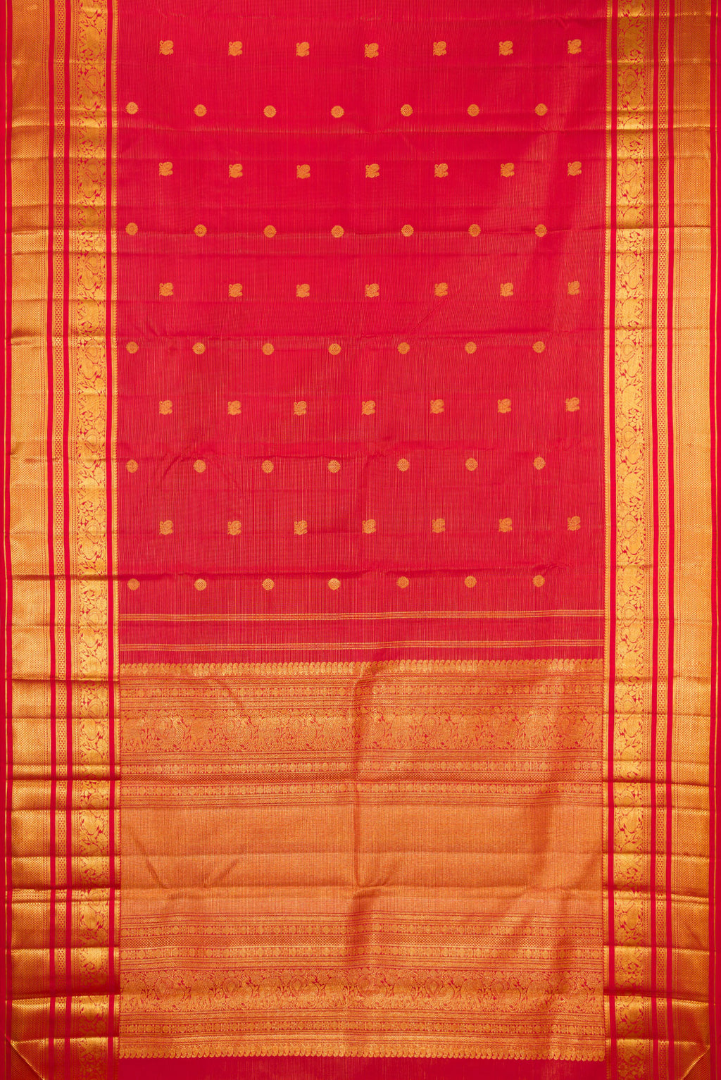 Flat view of Red Kanchipuram Silk Saree with Stripes on the body and Zari Border. 
