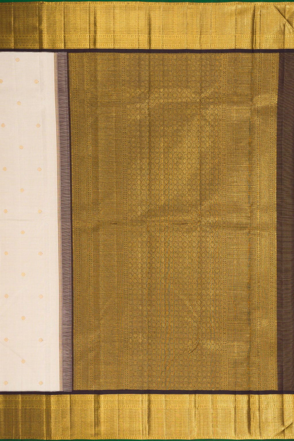 Close up image of the pallu of Cream Kanchipuram Silk Saree with Checked design on the body and Zari Border. 