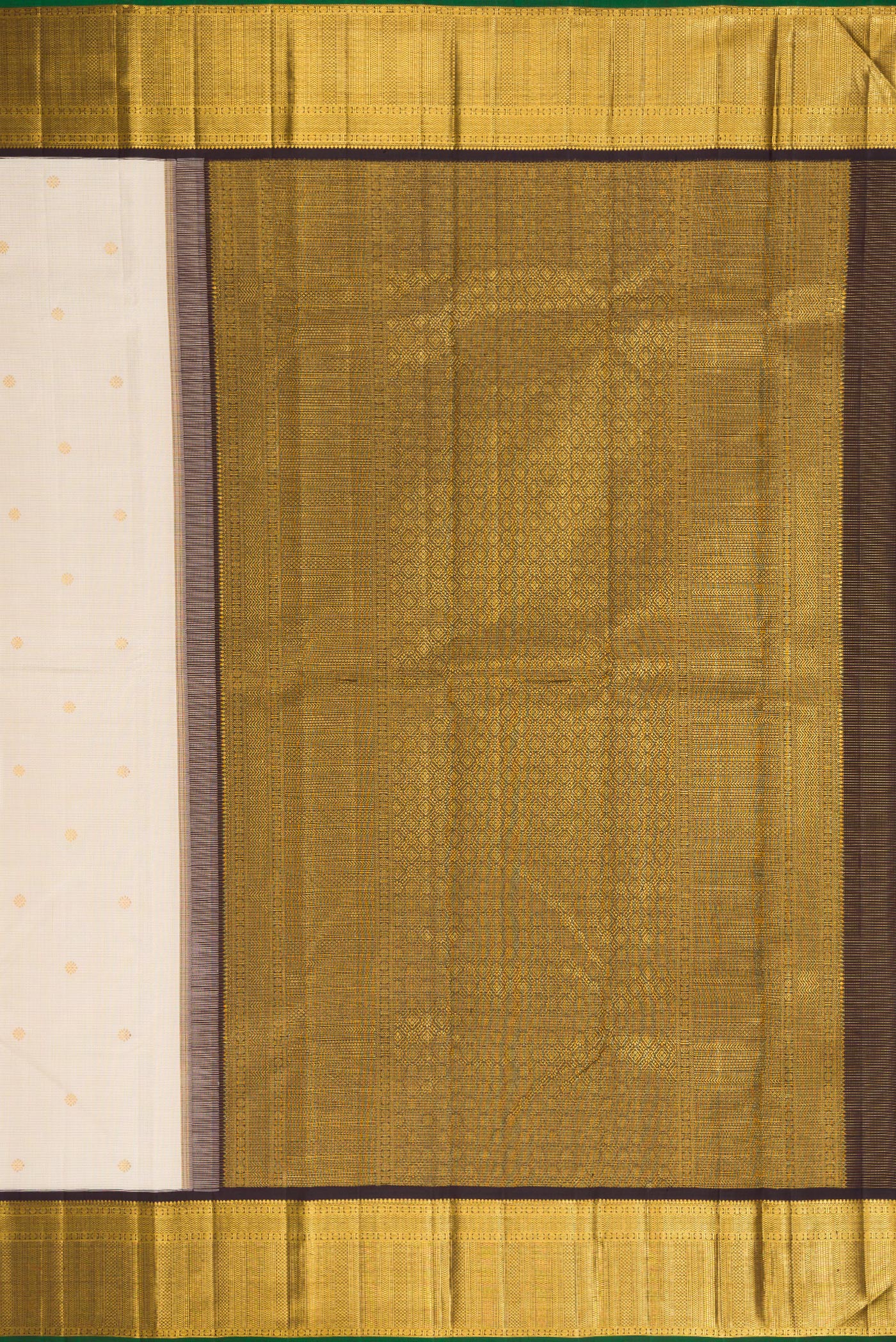 Close up image of the pallu of Cream Kanchipuram Silk Saree with Checked design on the body and Zari Border. 