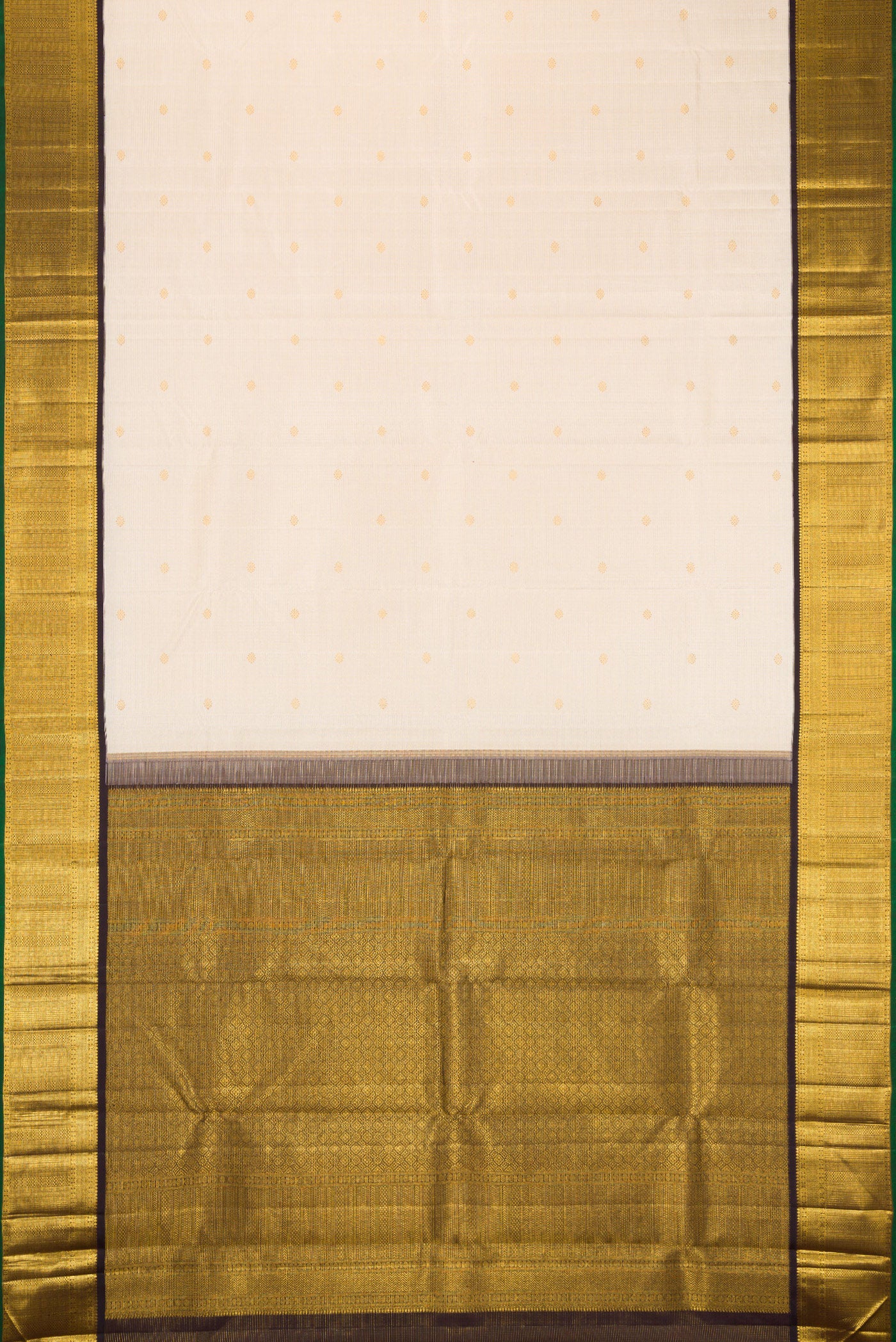 Flat view of Cream Kanchipuram Silk Saree with Checked design on the body and Zari Border. 