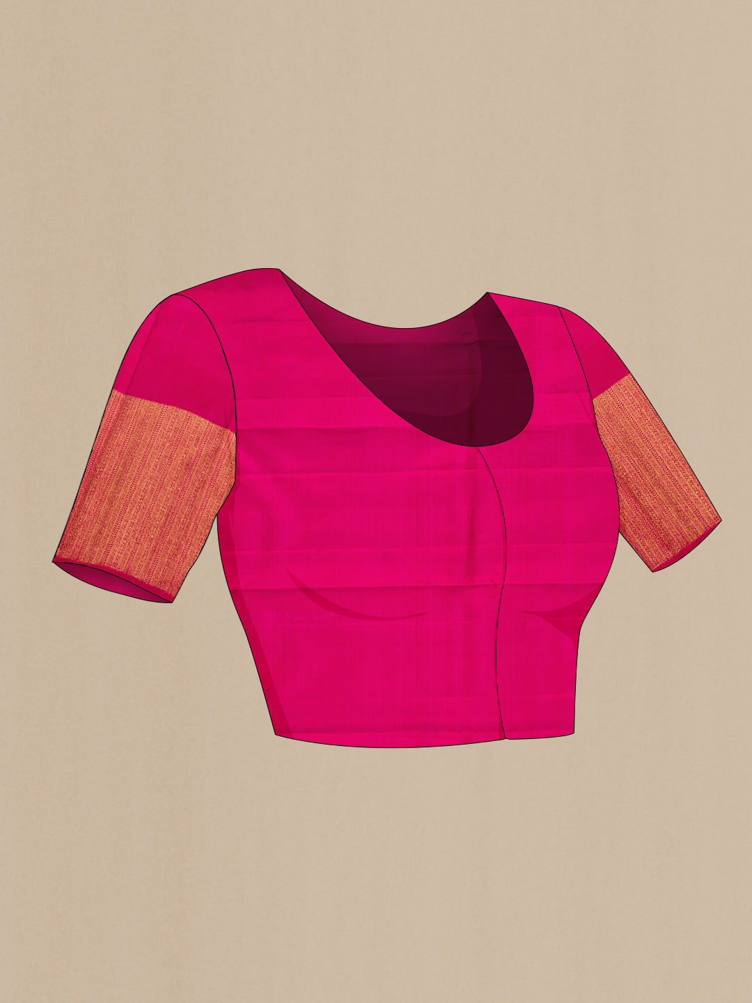Close up image of the blouse of Pure Silk Dark Pink Kanchipuram Saree with Zari Brocade on the body and Zari Border. 