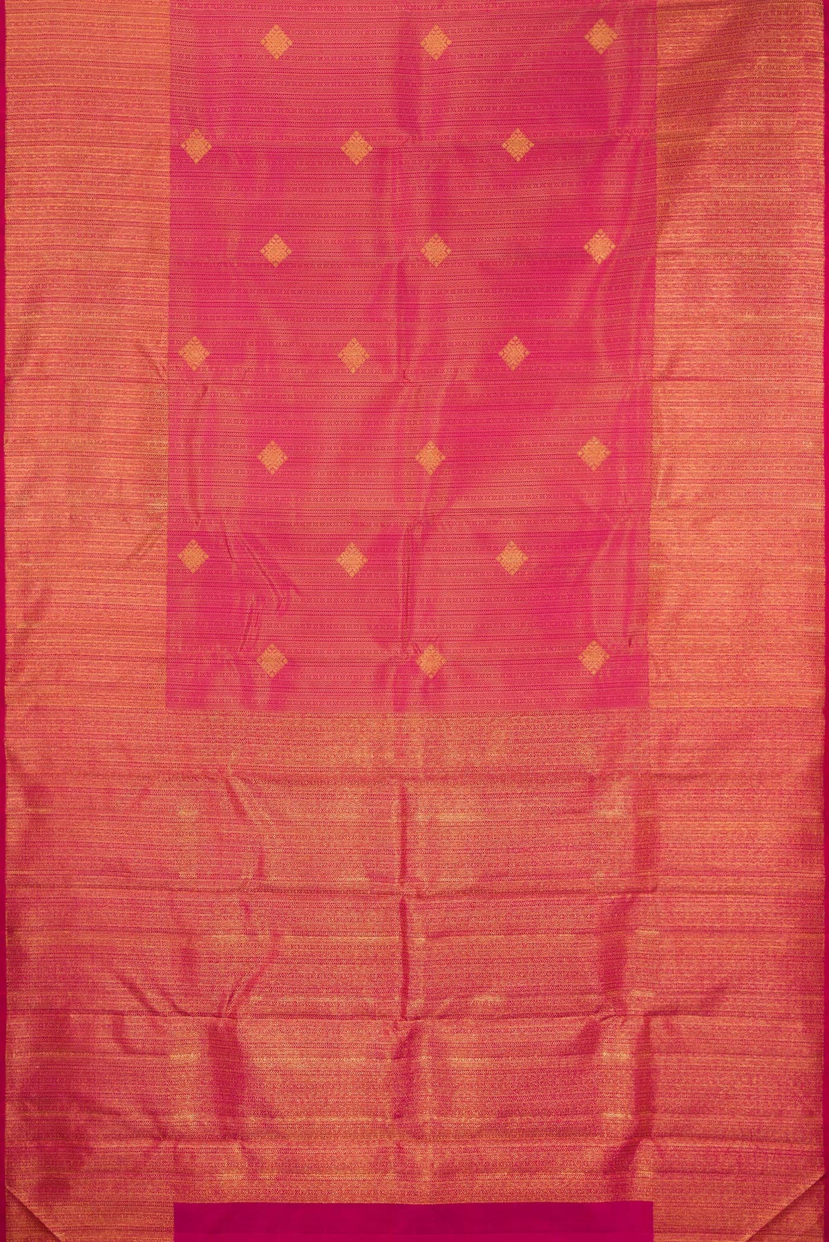 Flat view of Pure Silk Dark Pink Kanchipuram Saree with Zari Brocade on the body and Zari Border. 