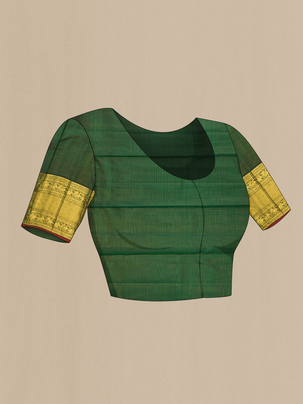 Close up image of the blouse of Bottle Green Kanchipuram Silk Saree with Zari Butta on the body and Zari Border. 