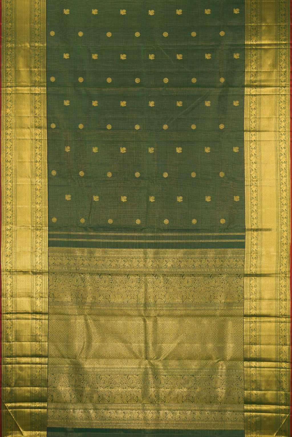 Flat view of Bottle Green Kanchipuram Silk Saree with Zari Butta on the body and Zari Border. 