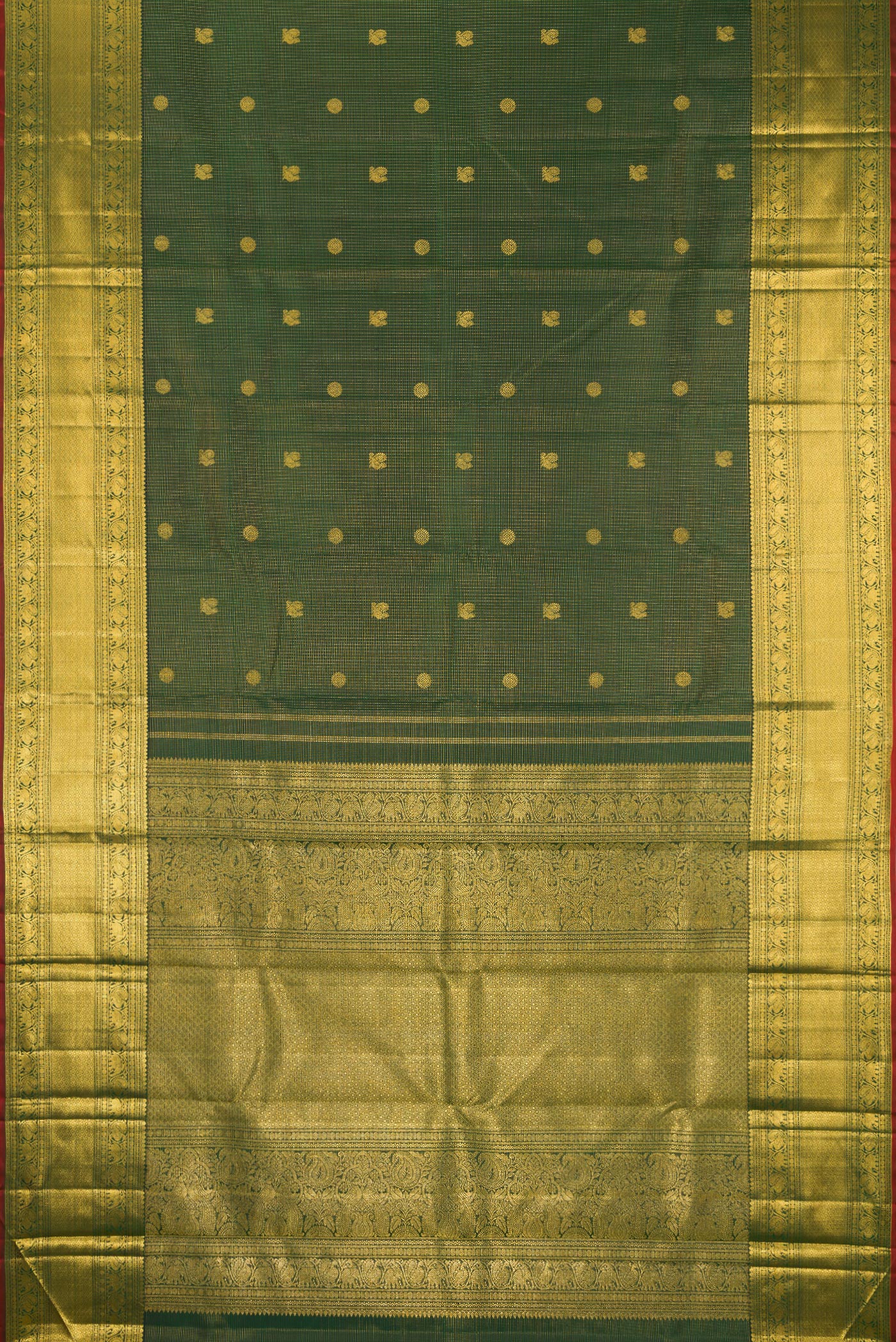 Flat view of Bottle Green Kanchipuram Silk Saree with Zari Butta on the body and Zari Border. 