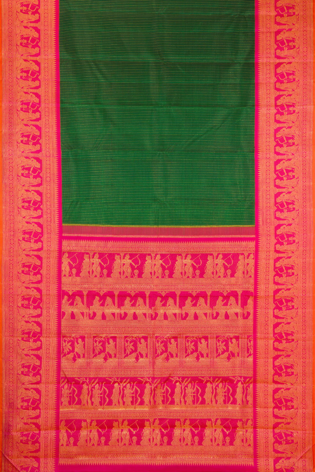 Flat view of Bottle Green Kanchipuram Silk Saree with Stripes on the body and Fancy Border. 