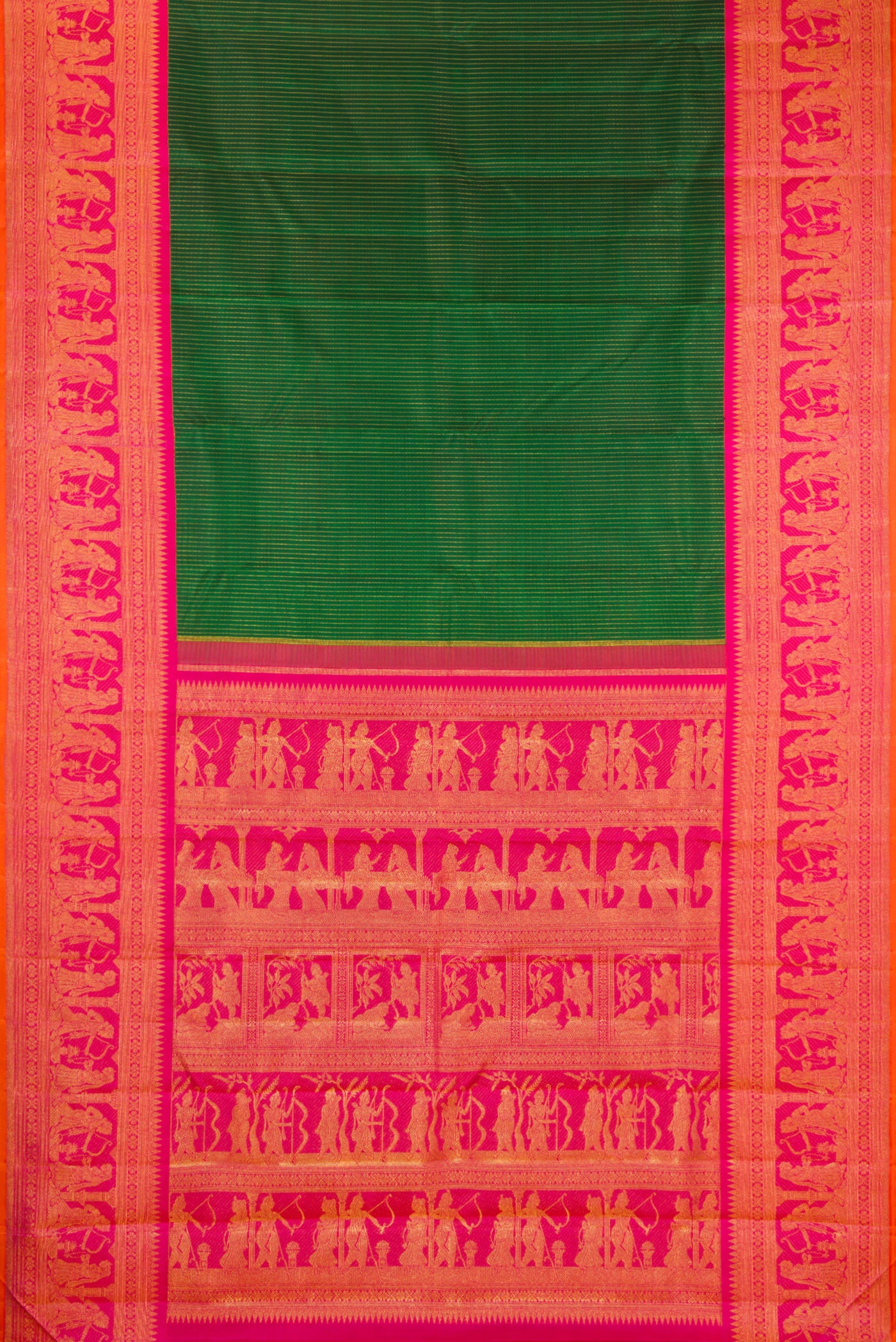 Flat view of Bottle Green Kanchipuram Silk Saree with Stripes on the body and Fancy Border. 