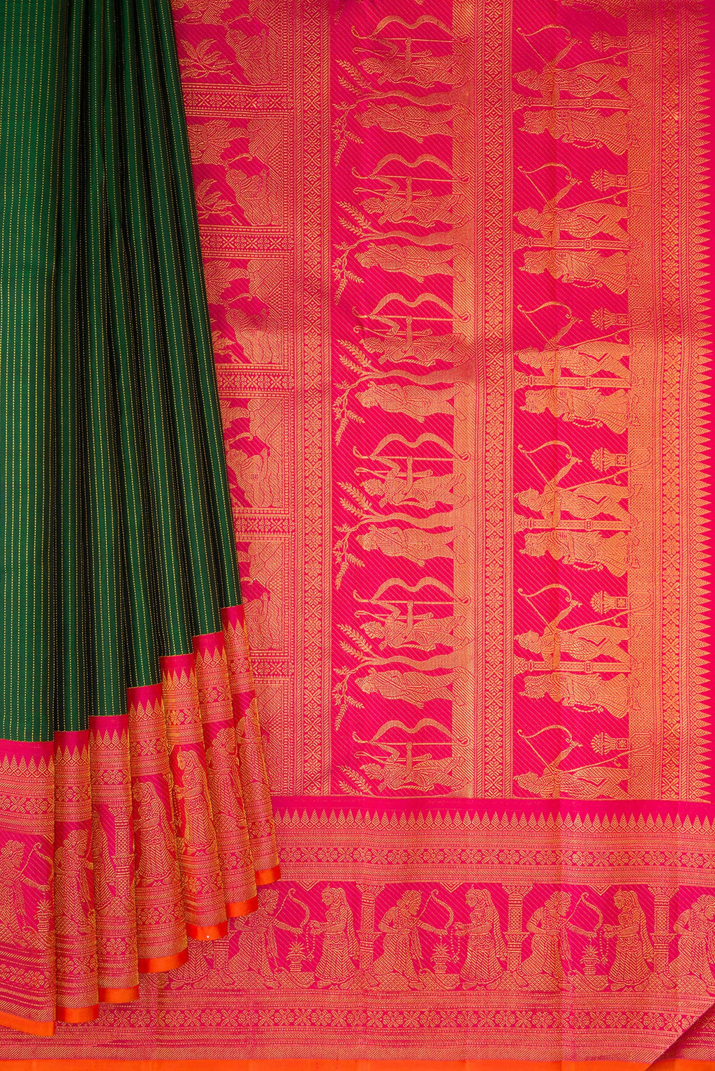 Pleats and pallu of Bottle Green Kanchipuram Silk Saree with Stripes on the body and Fancy Border. 