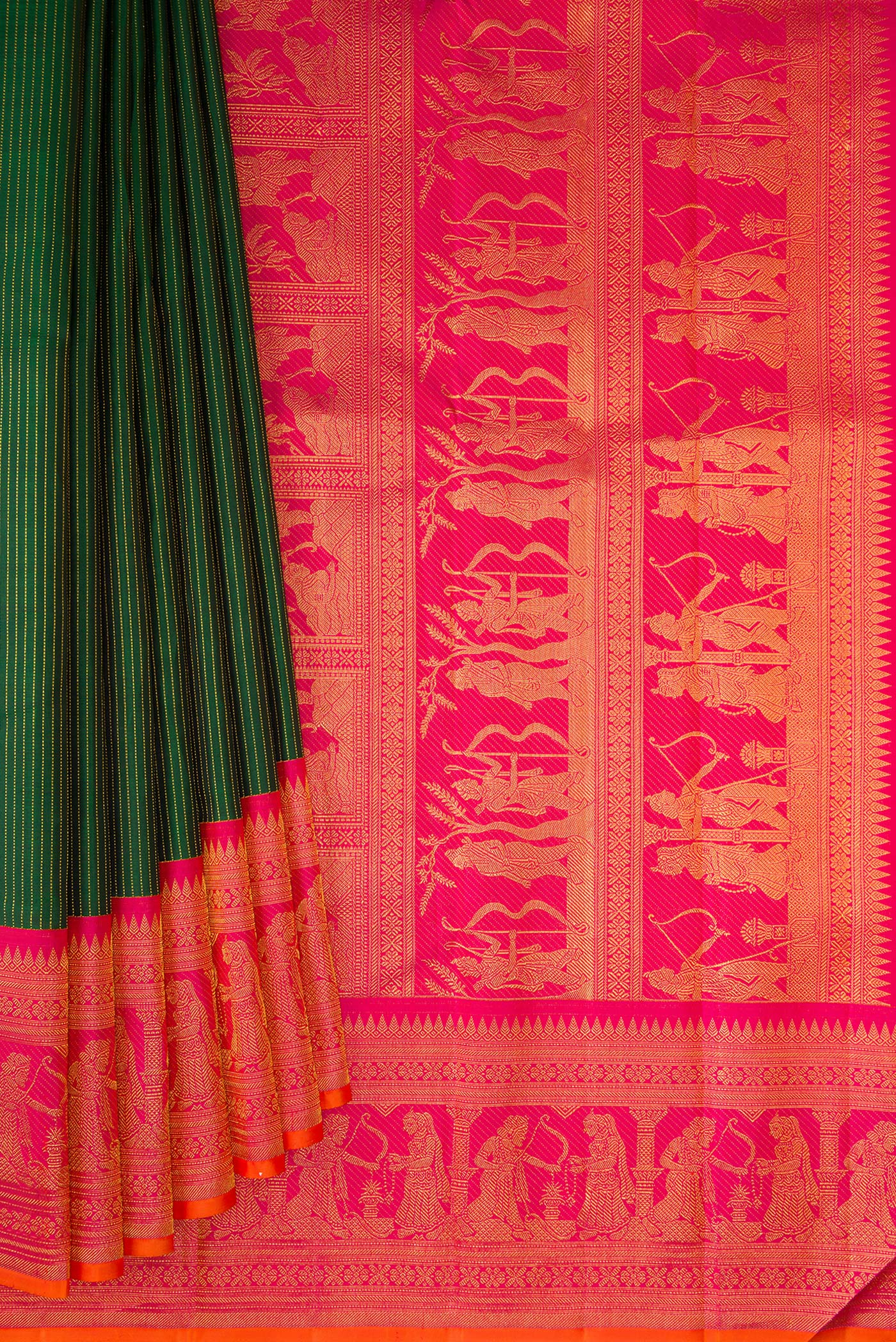 Pleats and pallu of Bottle Green Kanchipuram Silk Saree with Stripes on the body and Fancy Border. 