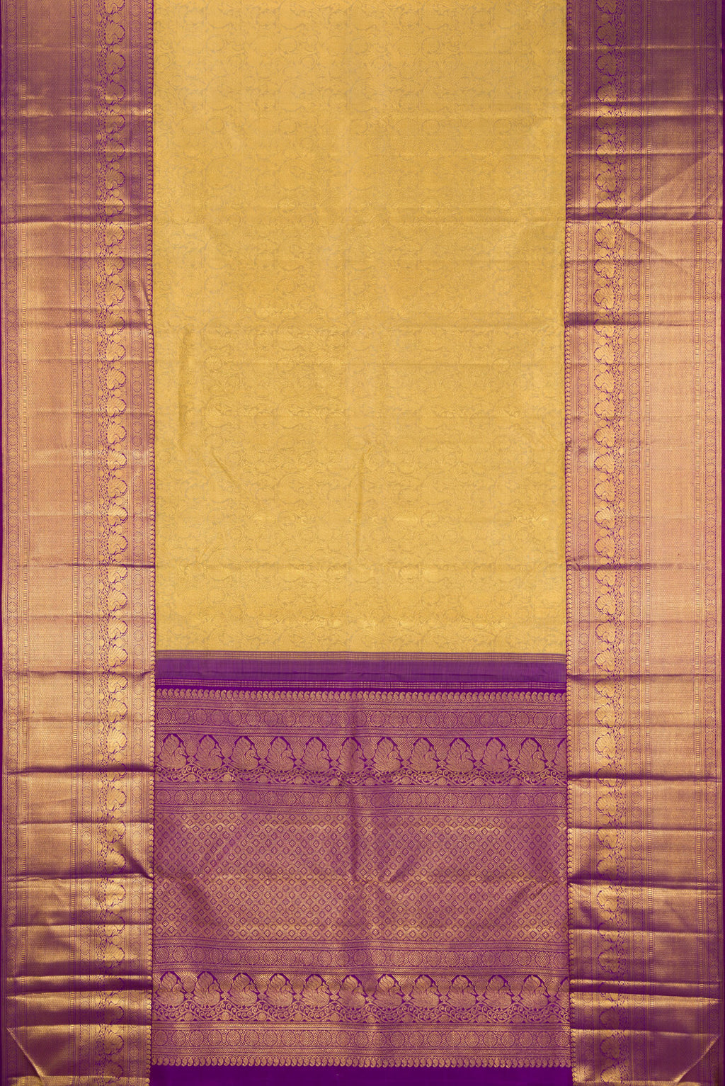 Flat view of Gold Kanchipuram Silk Saree with Zari Brocade on the body and Zari Border. 