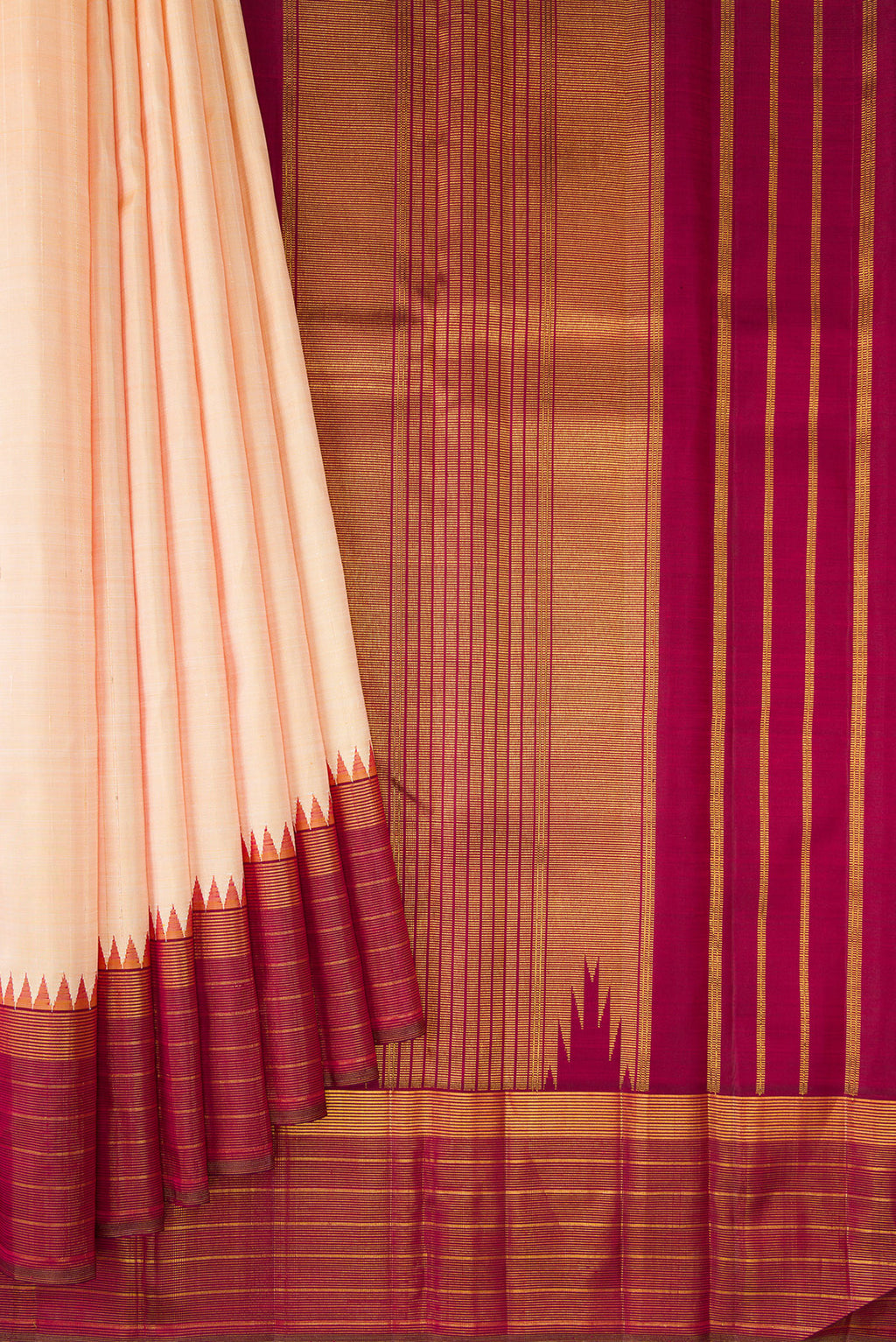 Pleats and pallu of Sandal Kanjivaram Silk Saree with Checked design on the body and Fancy Border. 