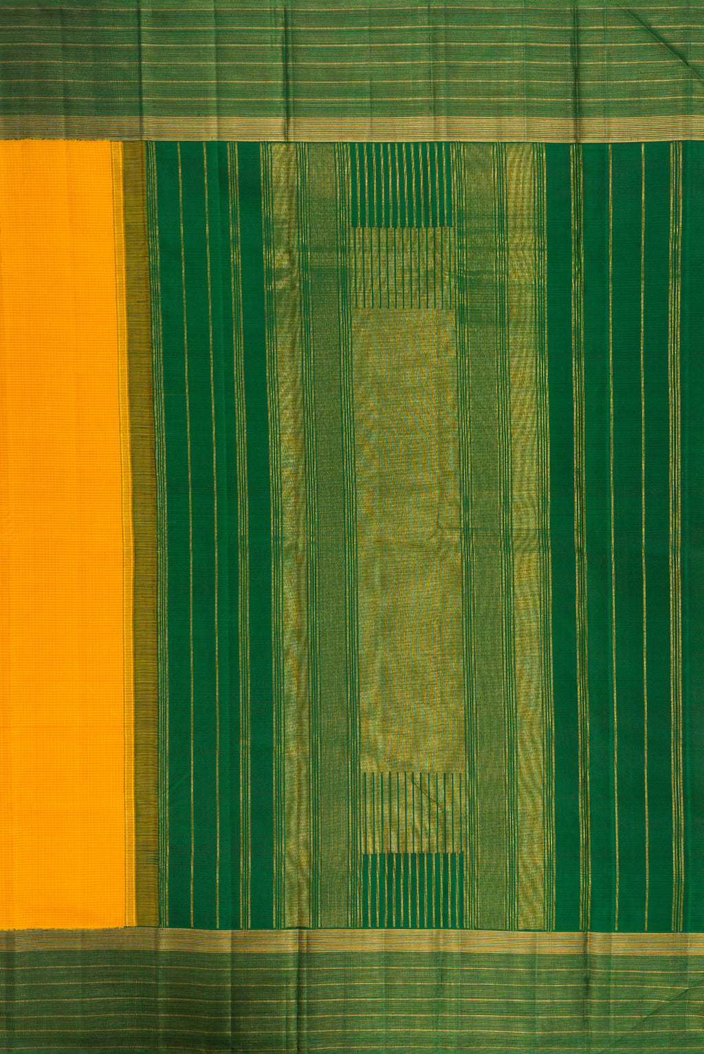 Close up image of the pallu of Yellow Kanjivaram Silk Saree with Checked design on the body and Zari Border. 