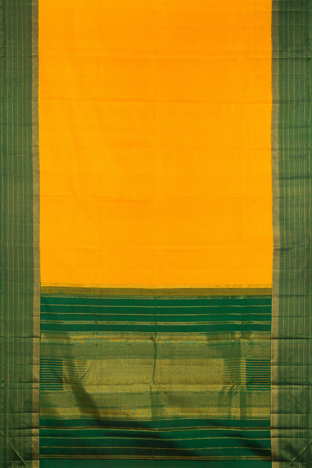 Flat view of Yellow Kanjivaram Silk Saree with Checked design on the body and Zari Border. 
