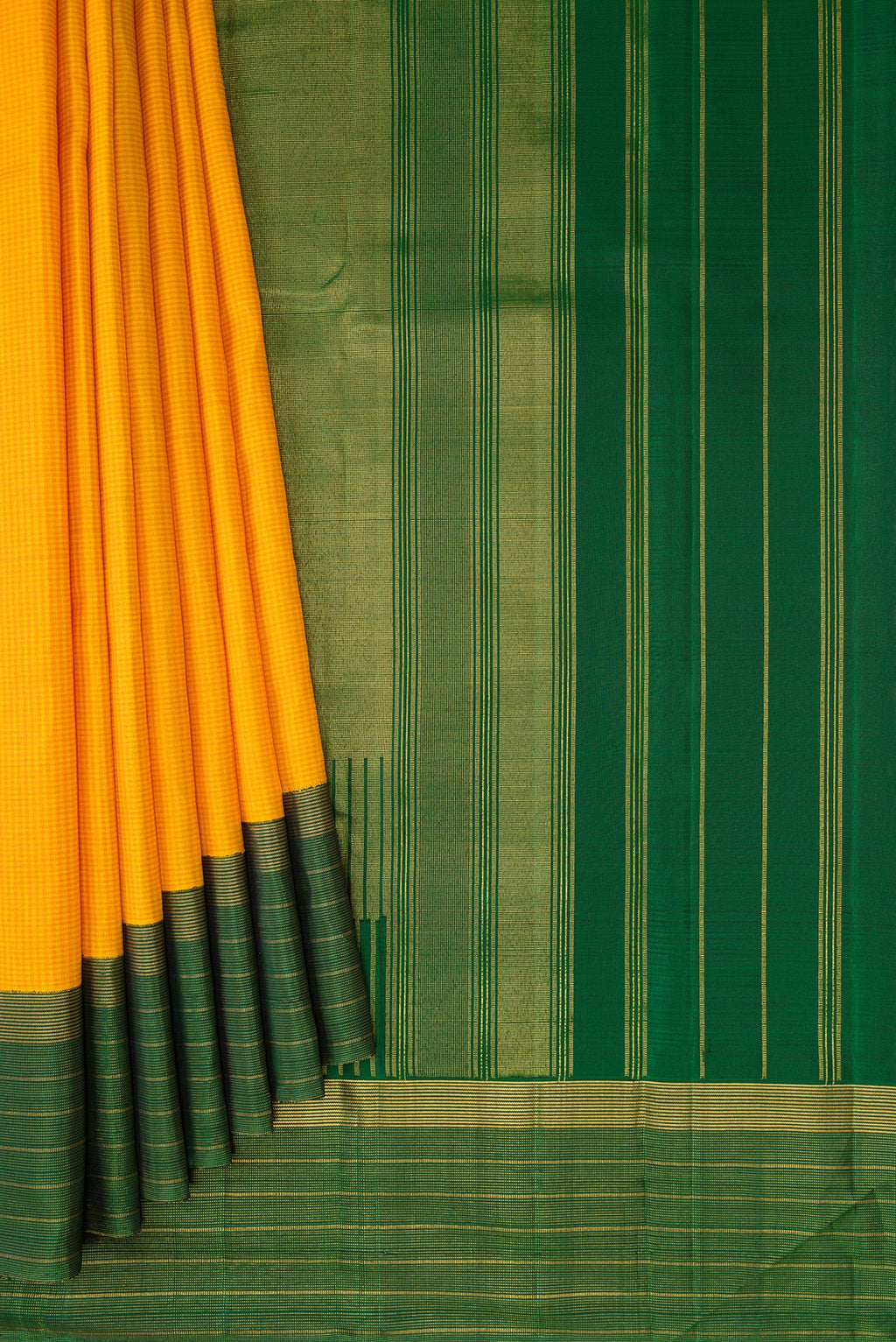 Pleats and pallu of Yellow Kanjivaram Silk Saree with Checked design on the body and Zari Border. 