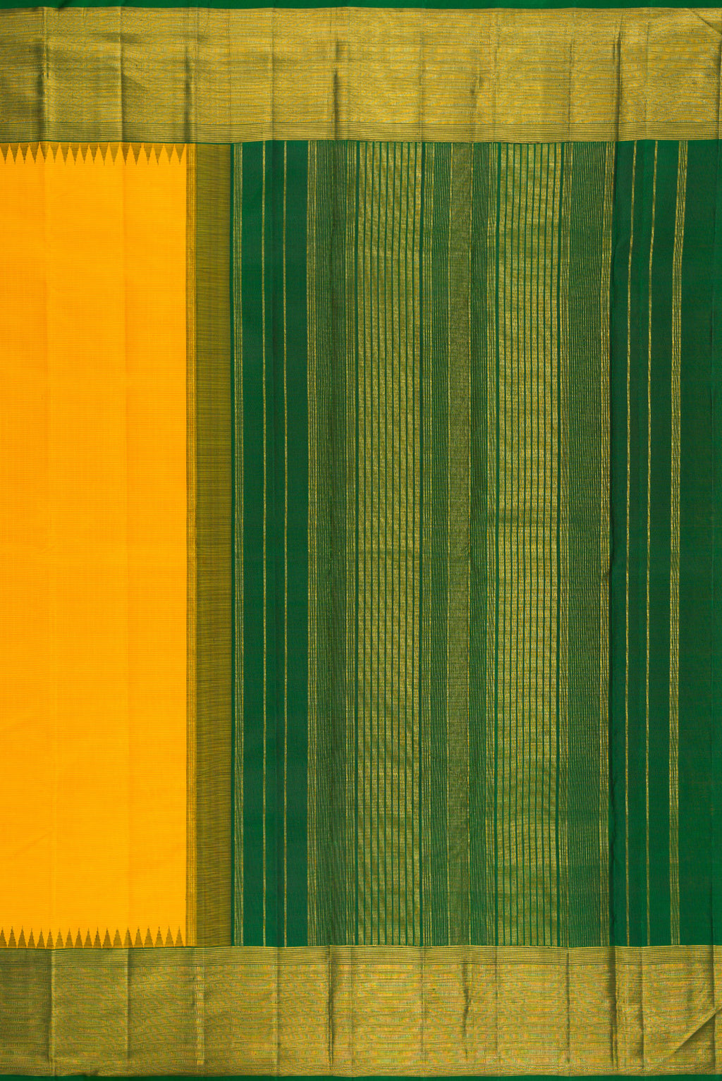 Close up image of the pallu of Yellow Kanjivaram Silk Saree with Stripes on the body and Zari Border. 