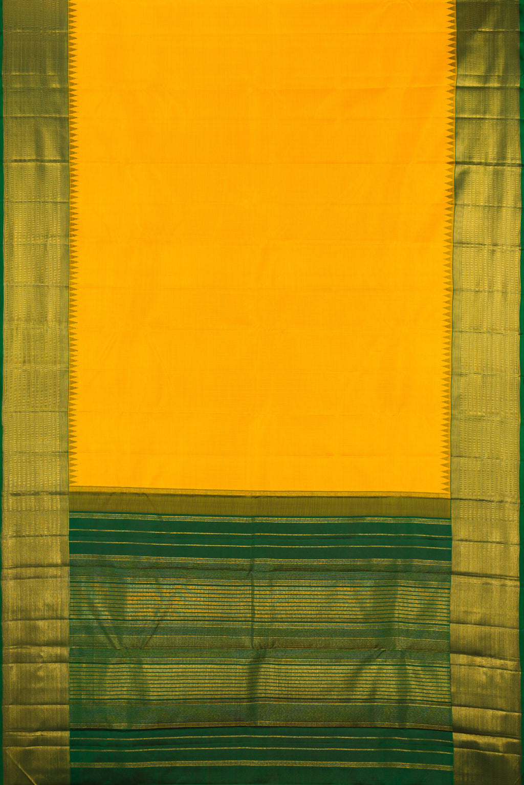 Flat view of Yellow Kanjivaram Silk Saree with Stripes on the body and Zari Border. 