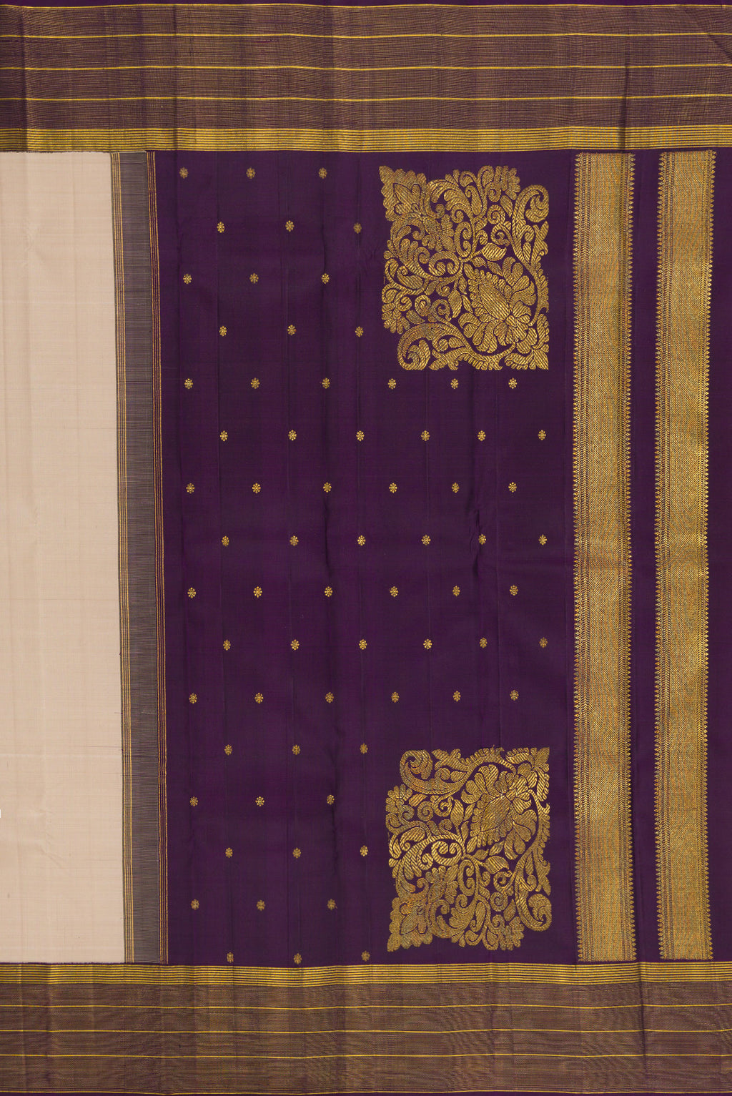 Close up image of the pallu of Dark Beige Kanjivaram Silk Saree with Stripes on the body and Zari Border. 
