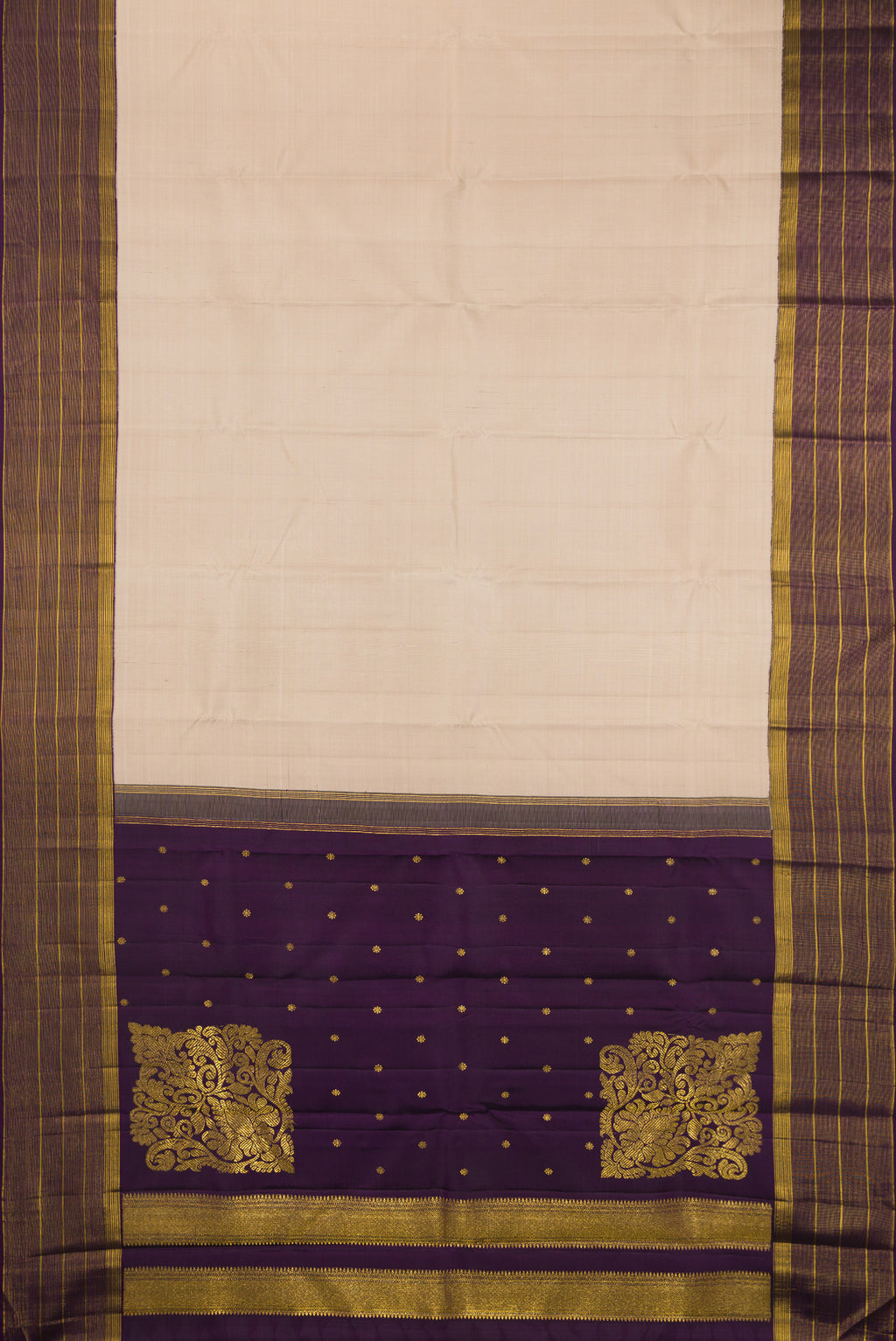 Flat view of Dark Beige Kanjivaram Silk Saree with Stripes on the body and Zari Border. 