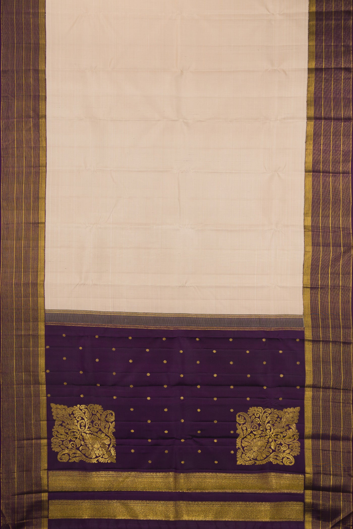 Flat view of Dark Beige Kanjivaram Silk Saree with Stripes on the body and Zari Border. 