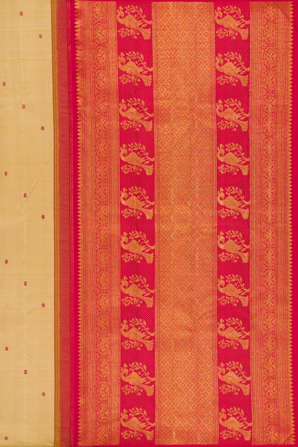 Close up image of the pallu of Beige Kanjivaram Silk Saree with Zari And Thread Butta on the body and Without Border. 