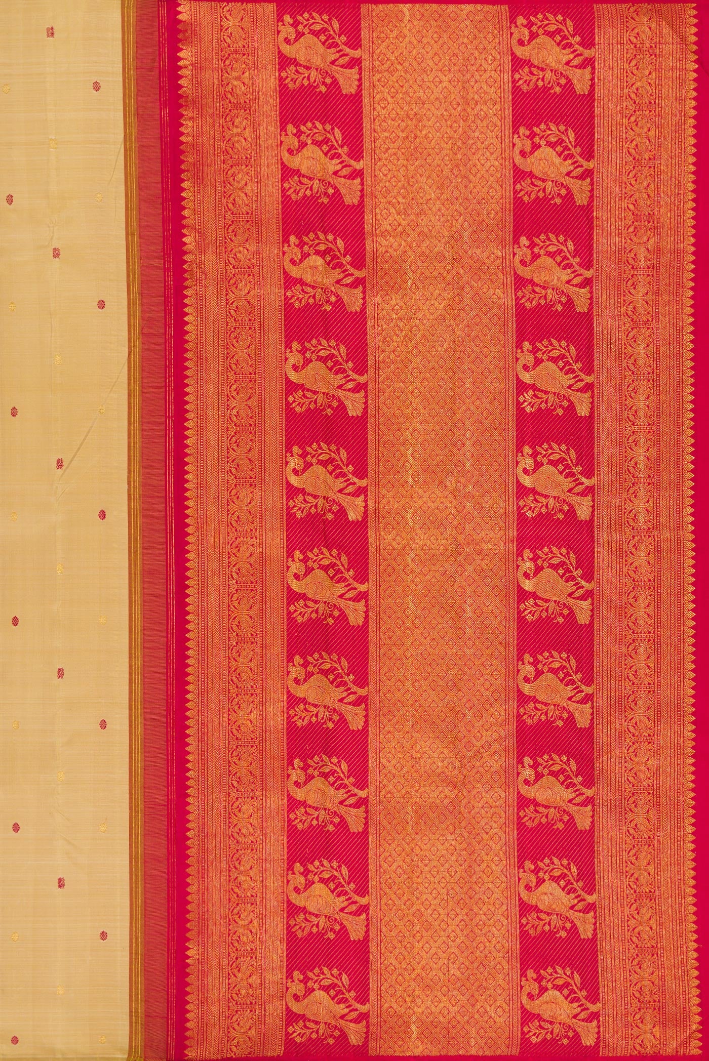 Close up image of the pallu of Beige Kanjivaram Silk Saree with Zari And Thread Butta on the body and Without Border. 