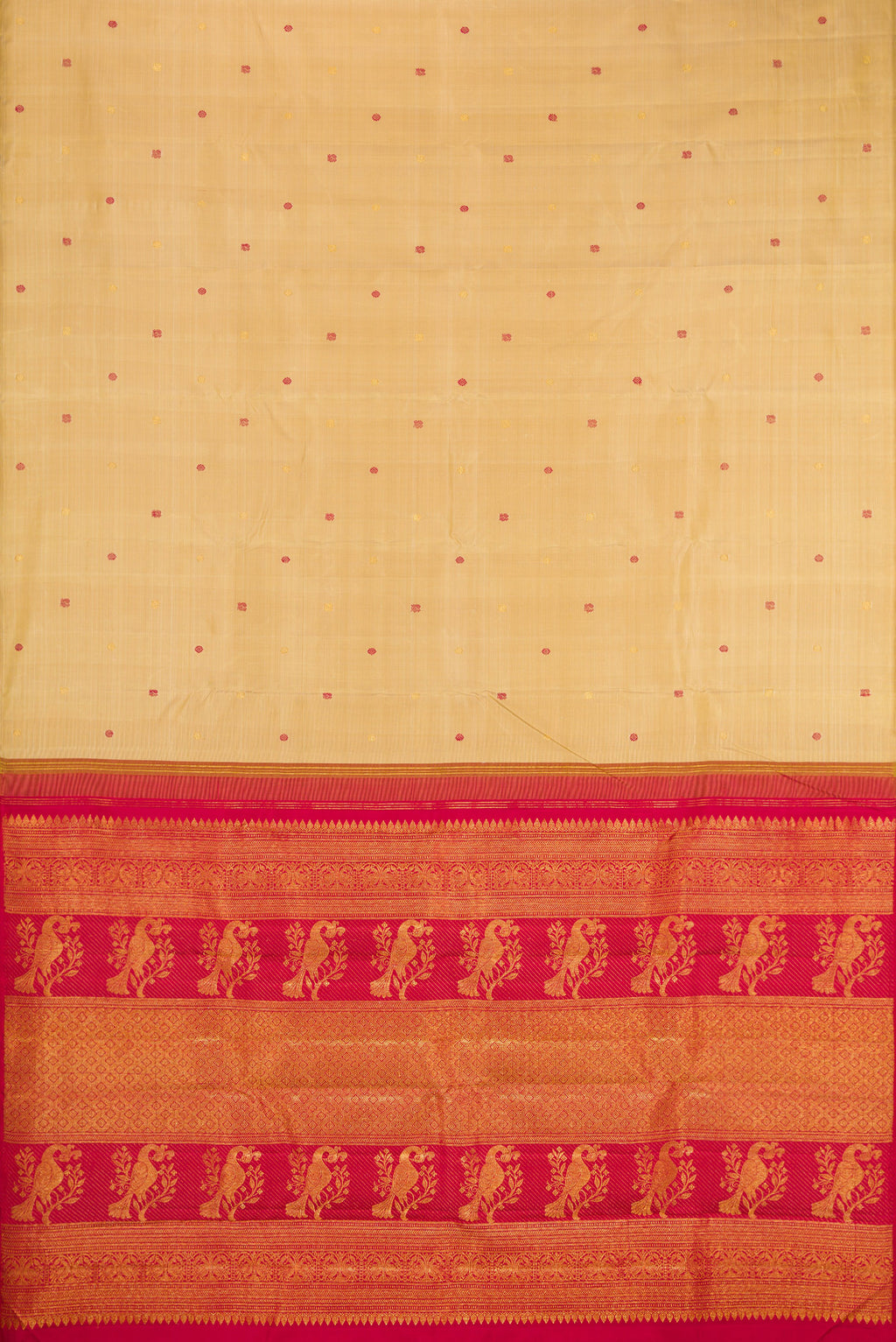 Flat view of Beige Kanjivaram Silk Saree with Zari And Thread Butta on the body and Without Border. 