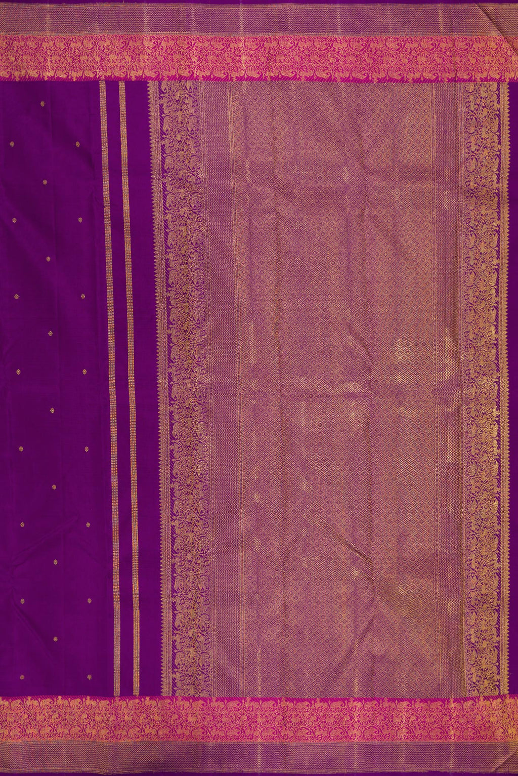 Close up image of the pallu of Purple Kanjivaram Silk Saree with Zari Butta on the body and Fancy Border. 
