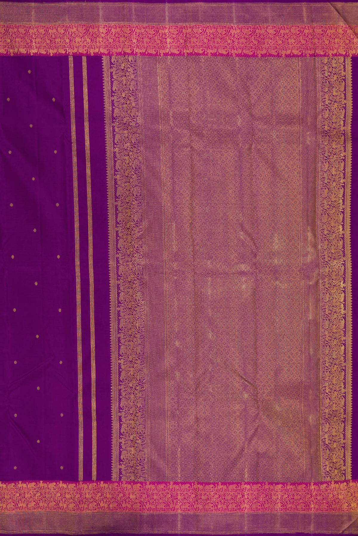 Close up image of the pallu of Purple Kanjivaram Silk Saree with Zari Butta on the body and Fancy Border. 