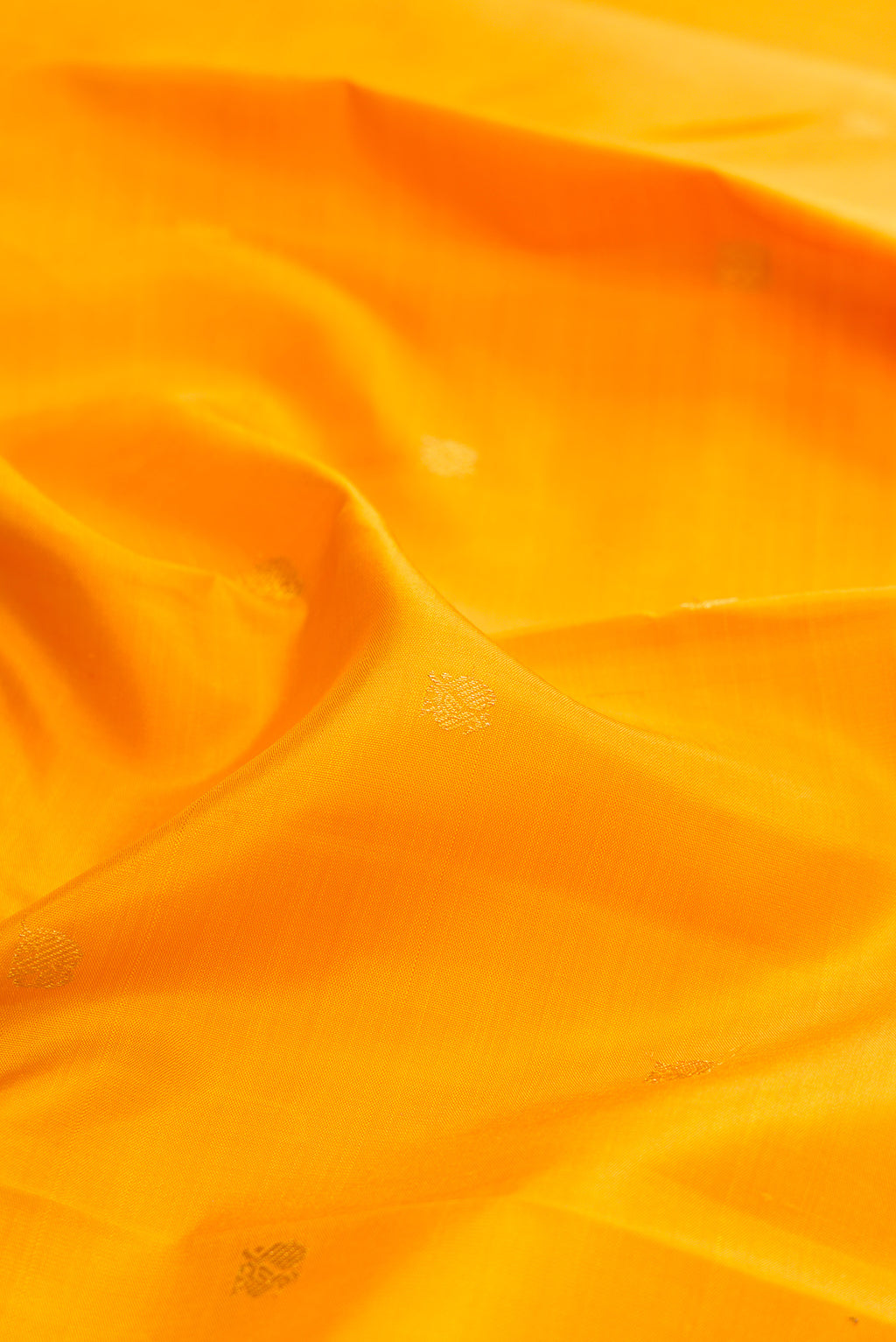 Close up of Yellow Kanjivaram Silk Saree with Zari Butta on the body and Zari Border.  displaying folds