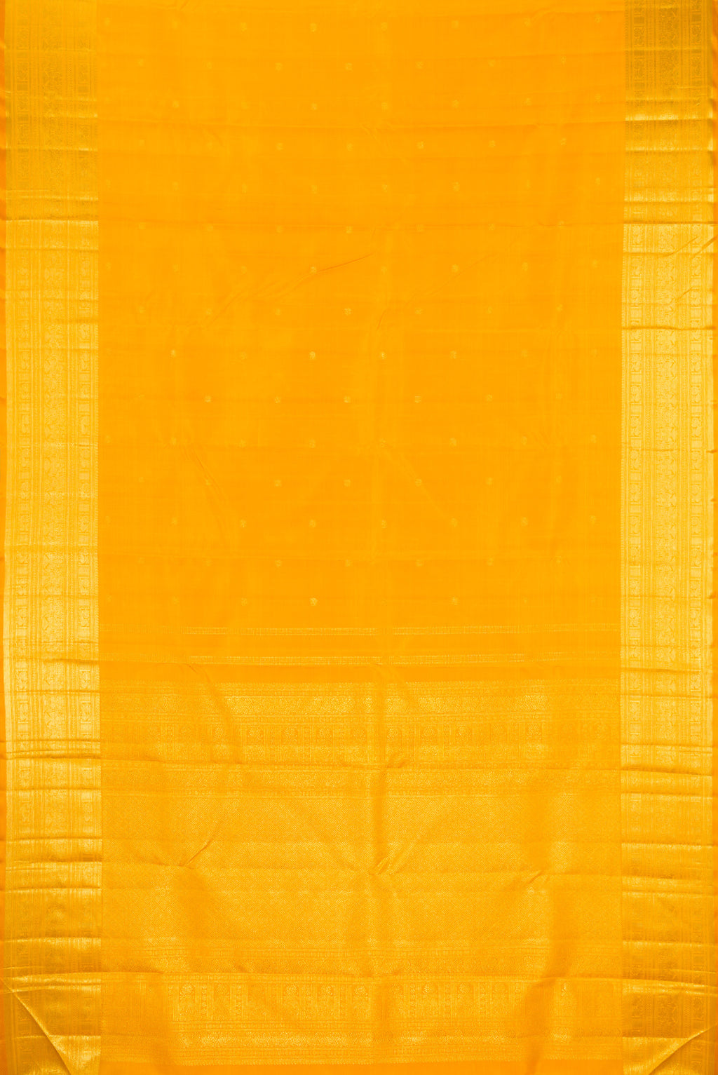 Flat view of Yellow Kanjivaram Silk Saree with Zari Butta on the body and Zari Border. 