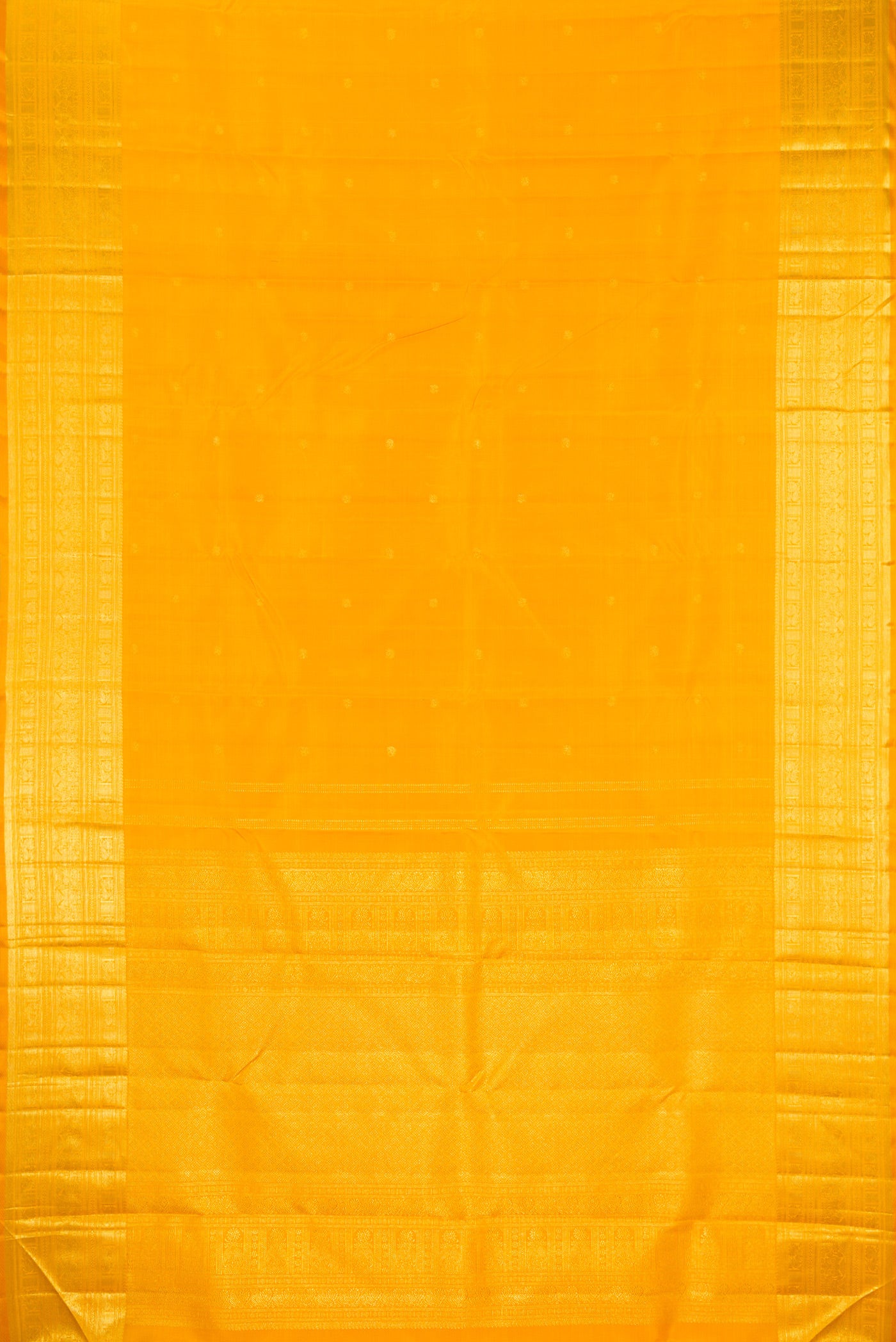 Flat view of Yellow Kanjivaram Silk Saree with Zari Butta on the body and Zari Border. 