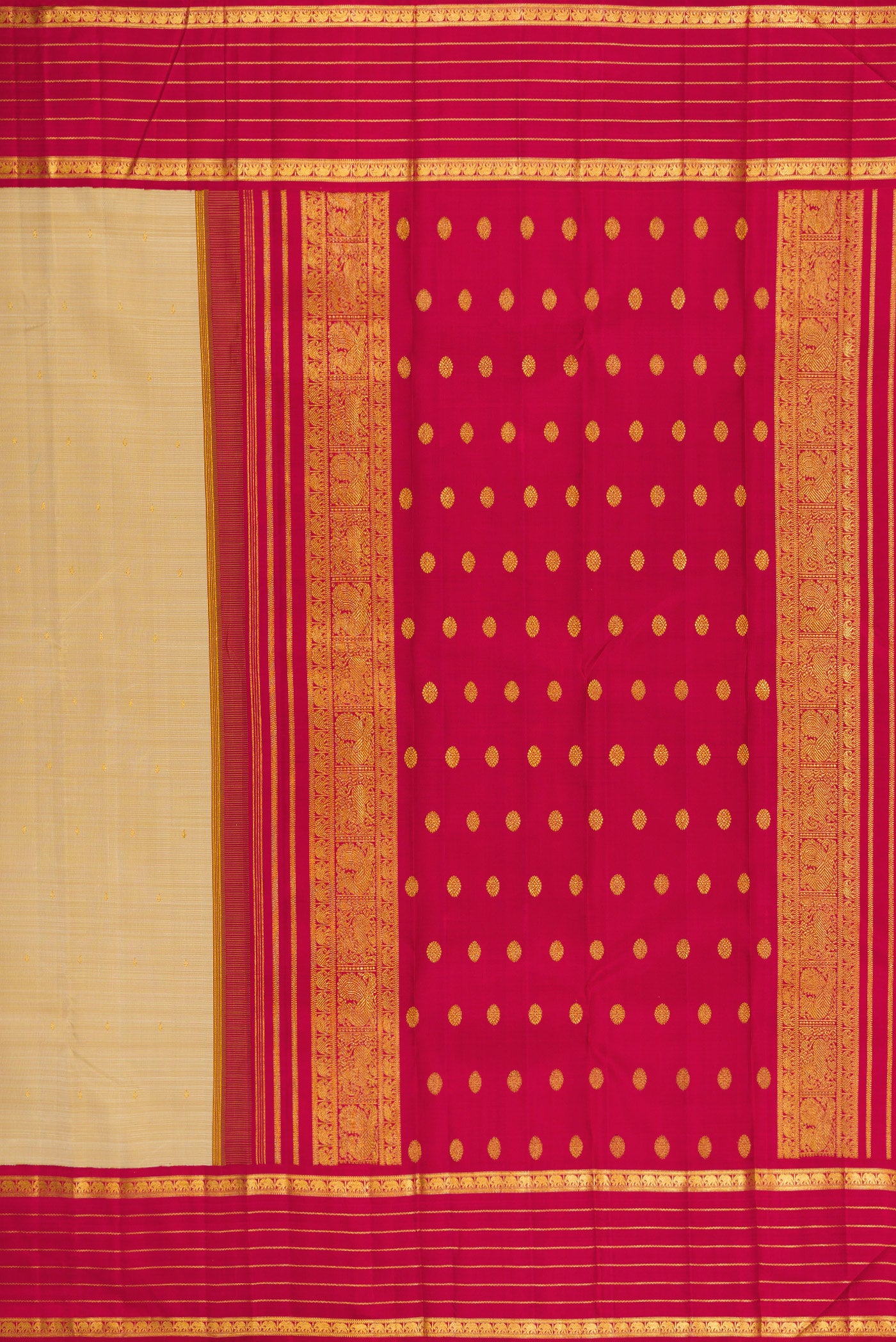 Close up image of the pallu of Dark Beige Kanjivaram Silk Saree with Zari Butta on the body and Zari Border. 