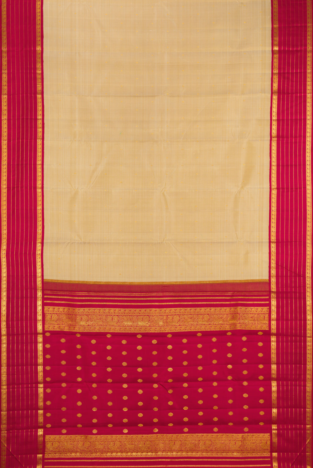 Flat view of Dark Beige Kanjivaram Silk Saree with Zari Butta on the body and Zari Border. 
