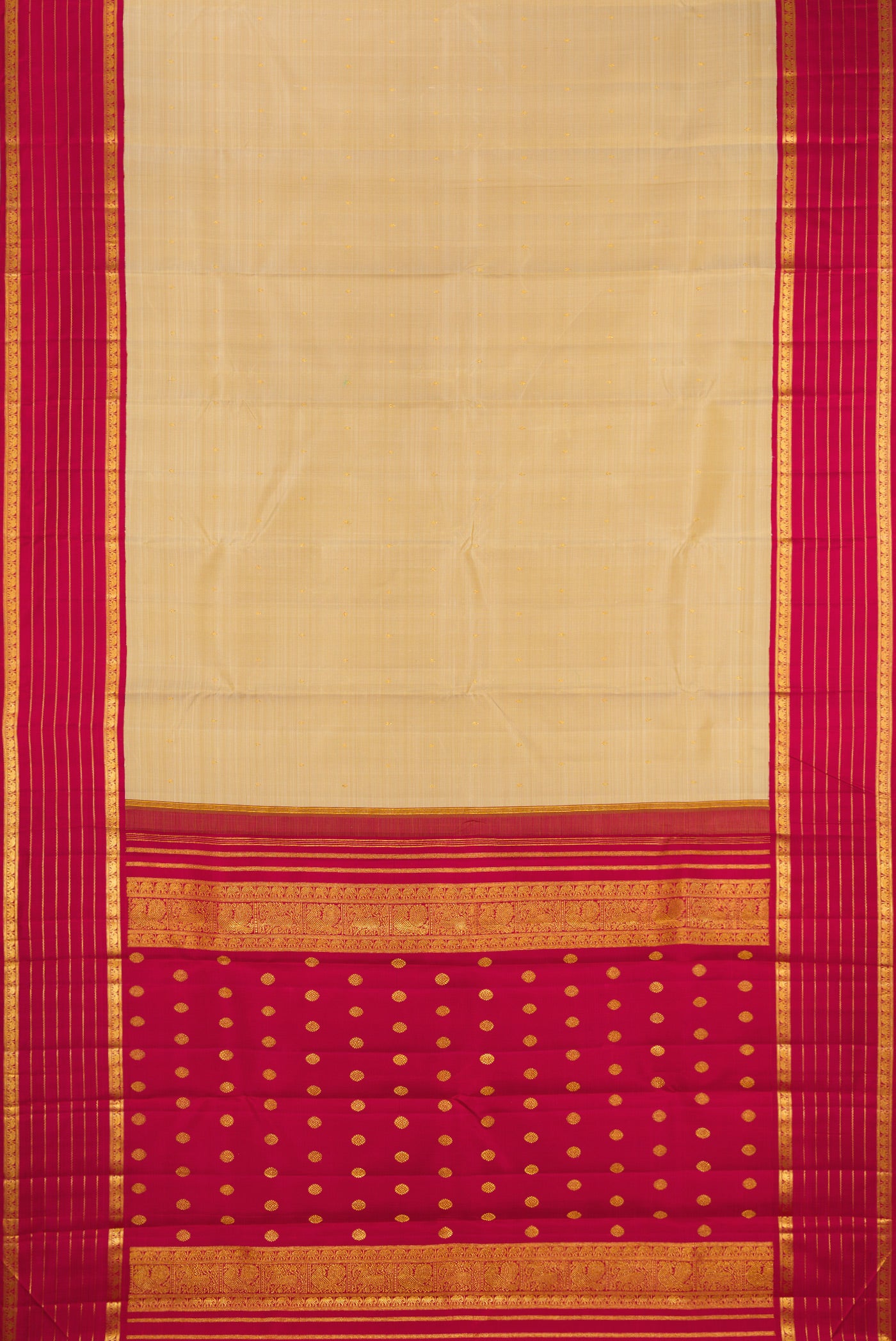 Flat view of Dark Beige Kanjivaram Silk Saree with Zari Butta on the body and Zari Border. 