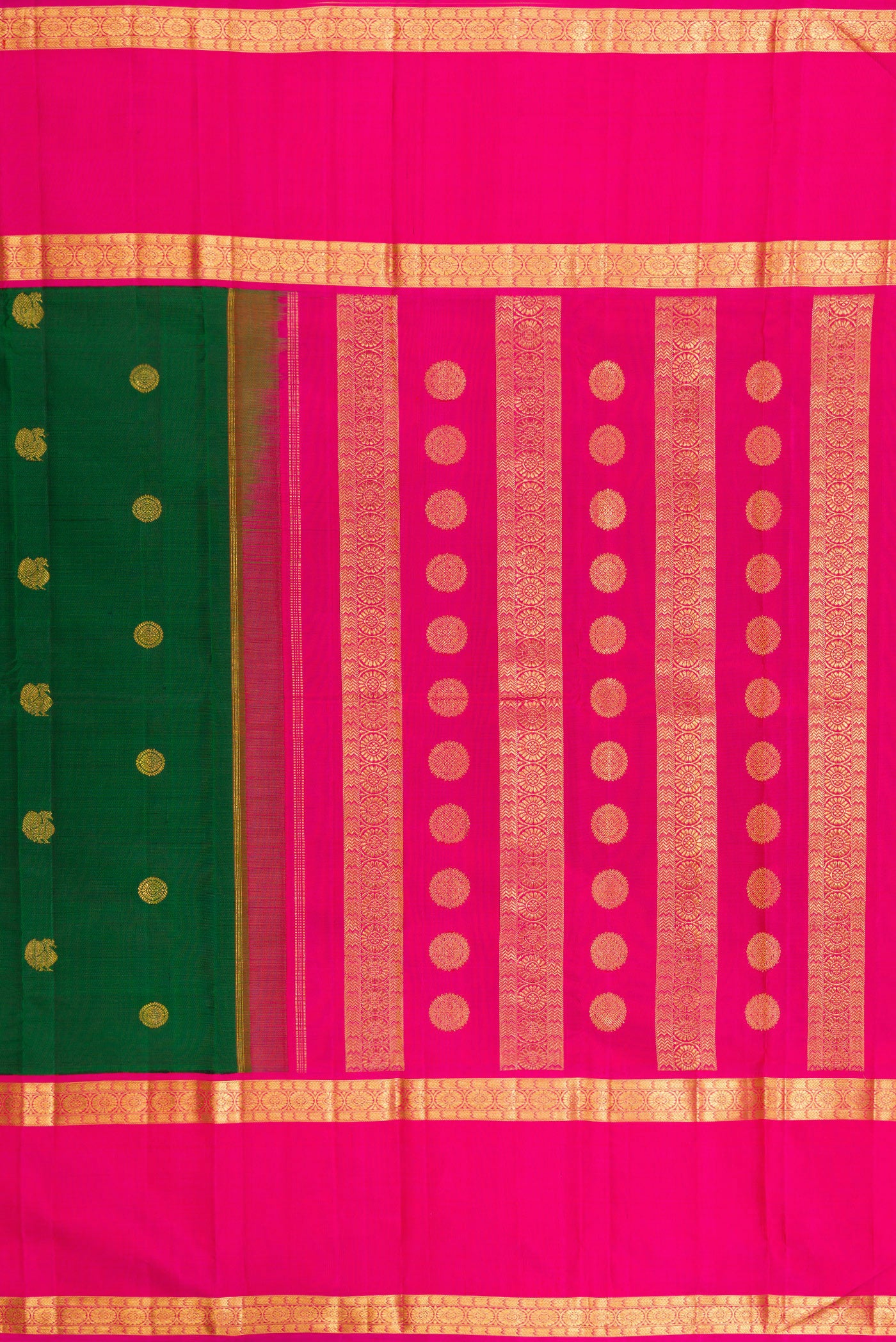 Close up image of the pallu of Bottle Green Kanchipuram Silk Saree with Zari Butta on the body and Zari Border. 