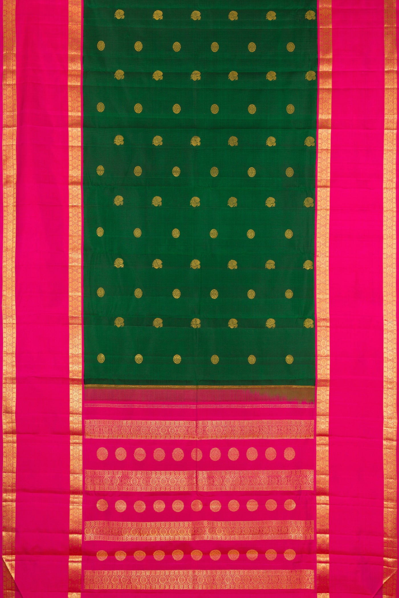 Flat view of Bottle Green Kanchipuram Silk Saree with Zari Butta on the body and Zari Border. 