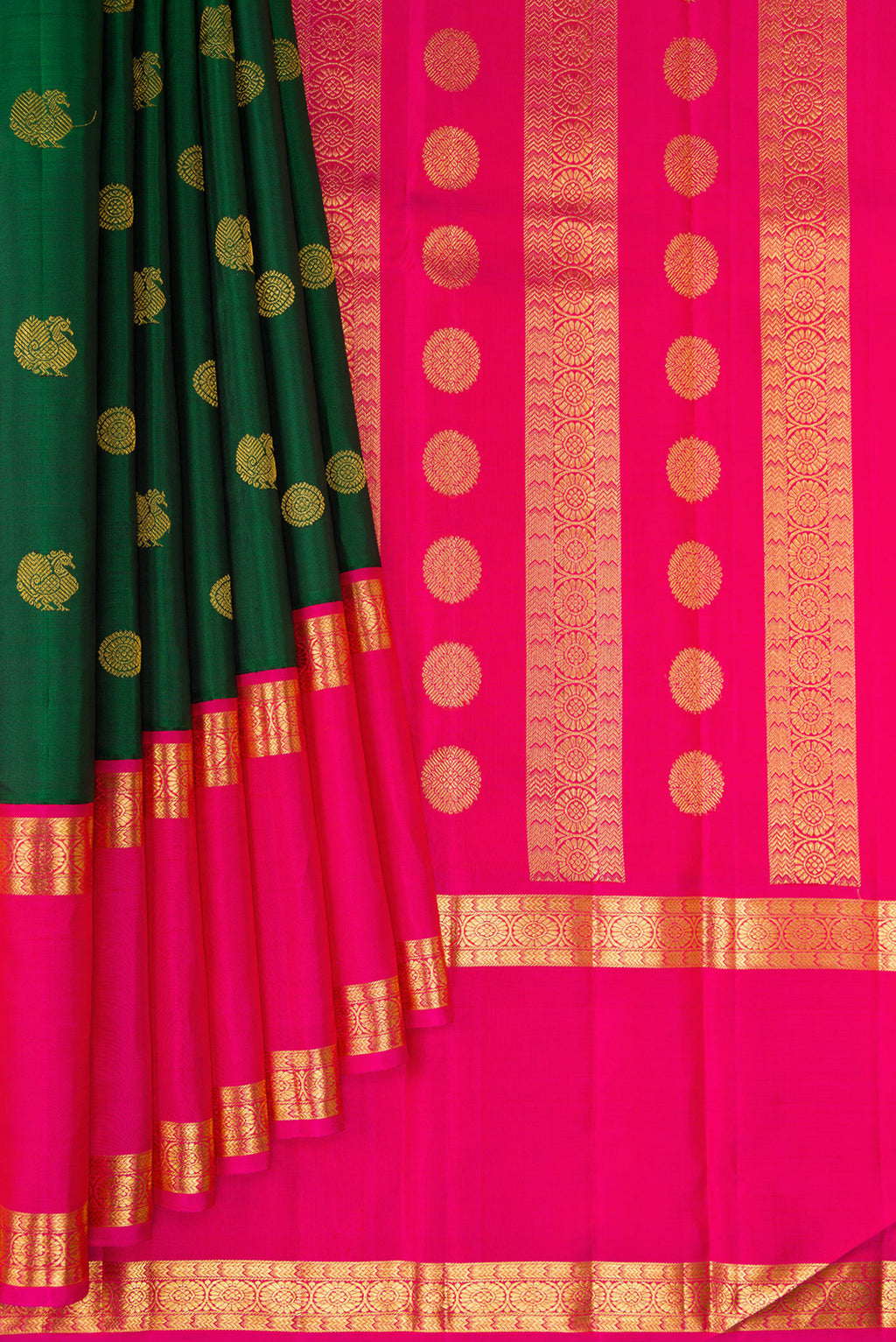 Pleats and pallu of Bottle Green Kanchipuram Silk Saree with Zari Butta on the body and Zari Border. 