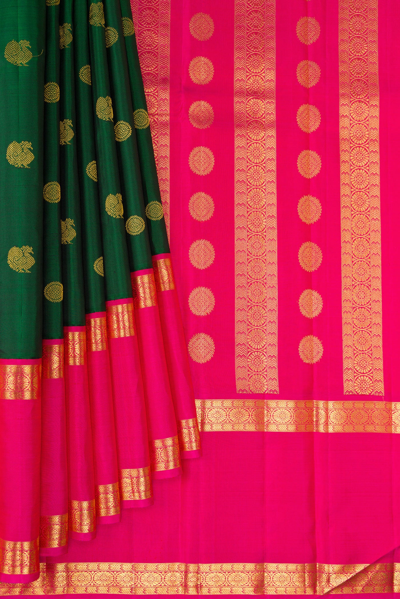 Pleats and pallu of Bottle Green Kanchipuram Silk Saree with Zari Butta on the body and Zari Border. 