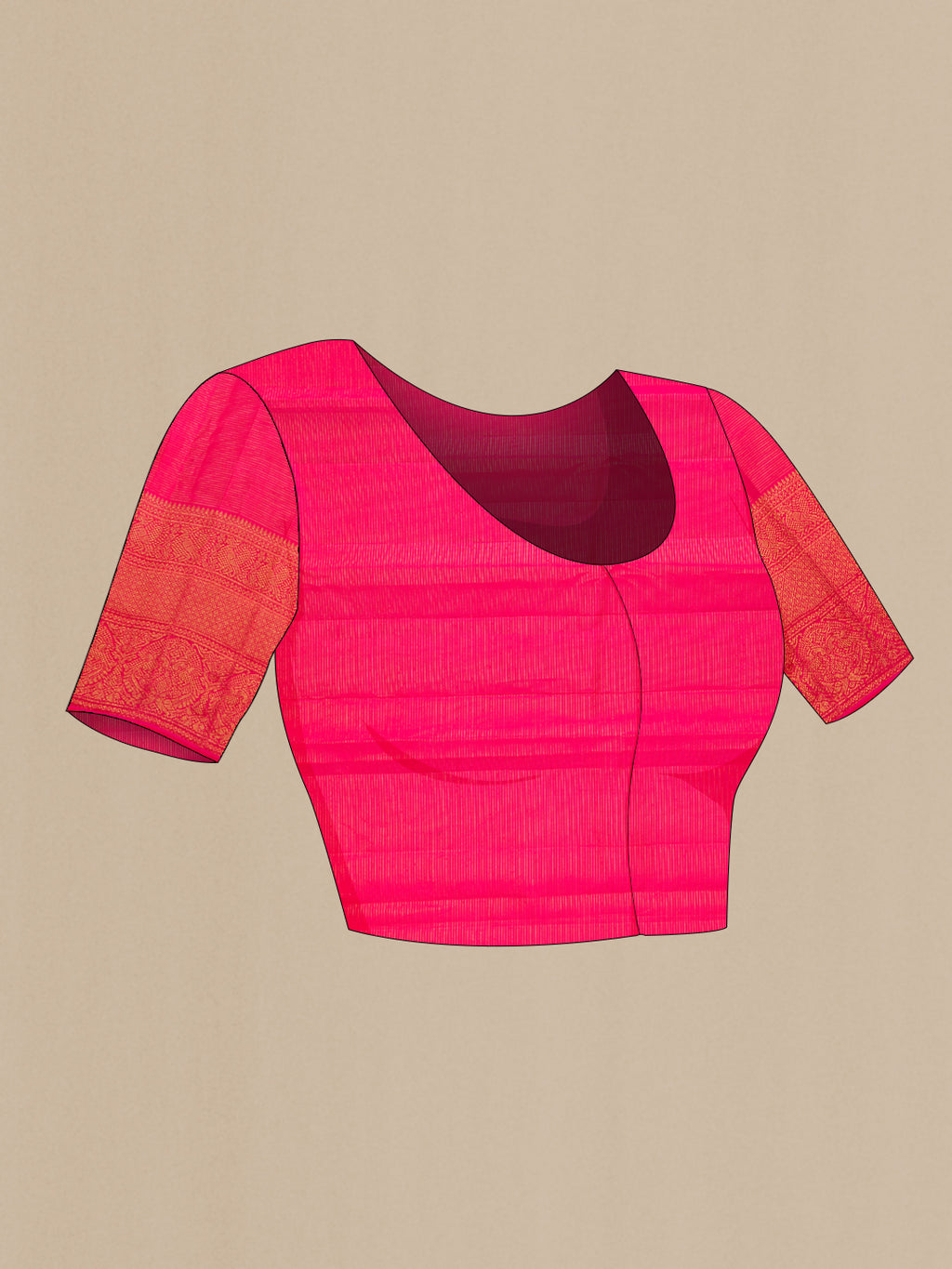 Close up image of the blouse of Pure Silk Dark Pink Kanchipuram Saree with Stripes on the body and Fancy Border. 