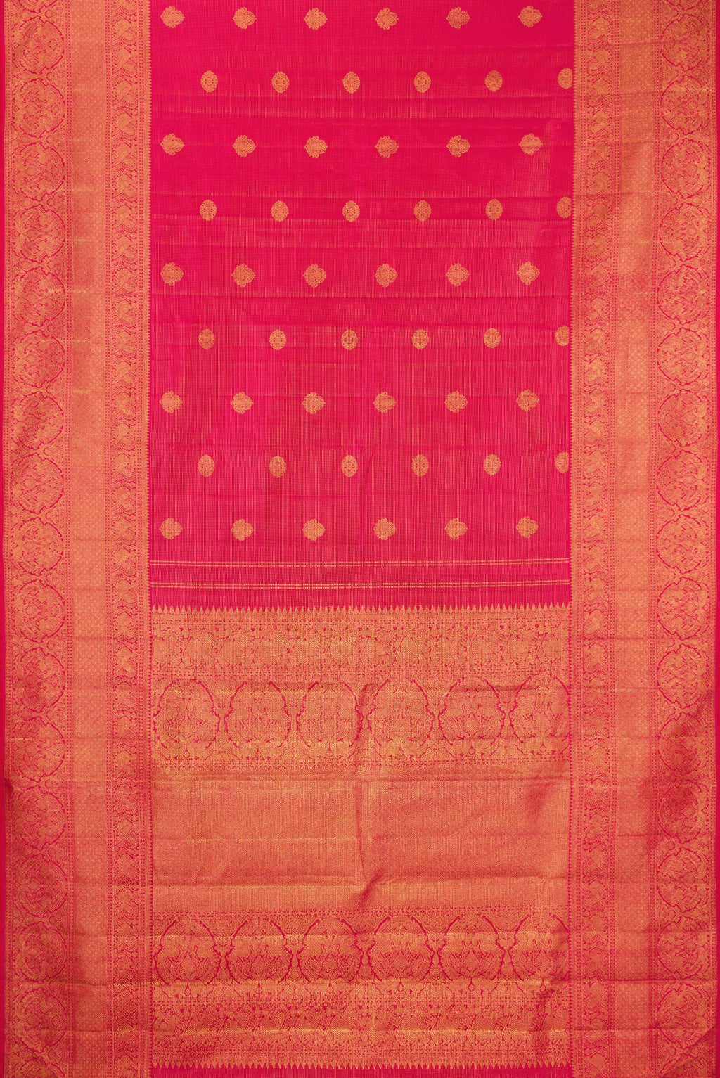 Flat view of Pure Silk Dark Pink Kanchipuram Saree with Stripes on the body and Fancy Border. 