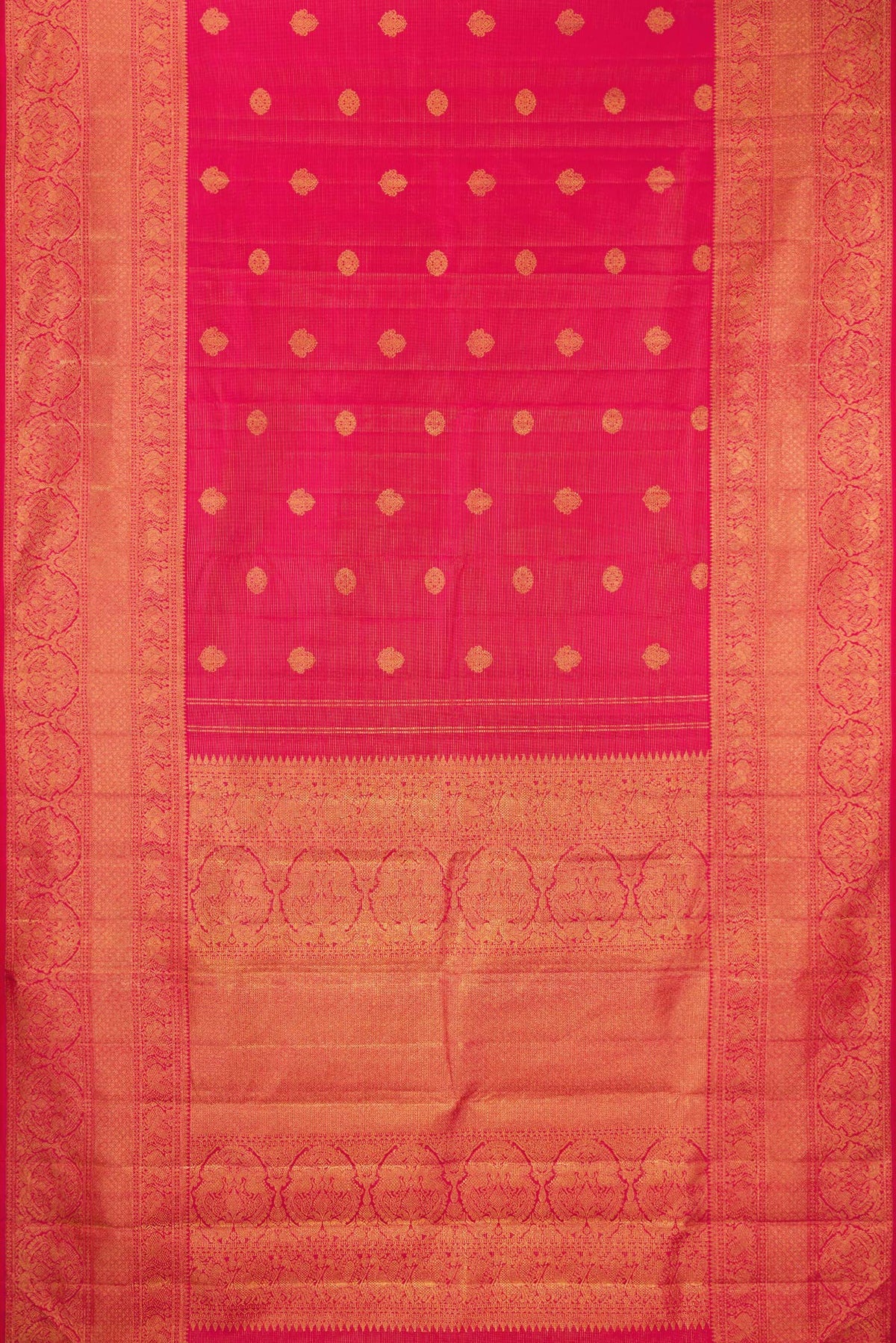 Flat view of Pure Silk Dark Pink Kanchipuram Saree with Stripes on the body and Fancy Border. 
