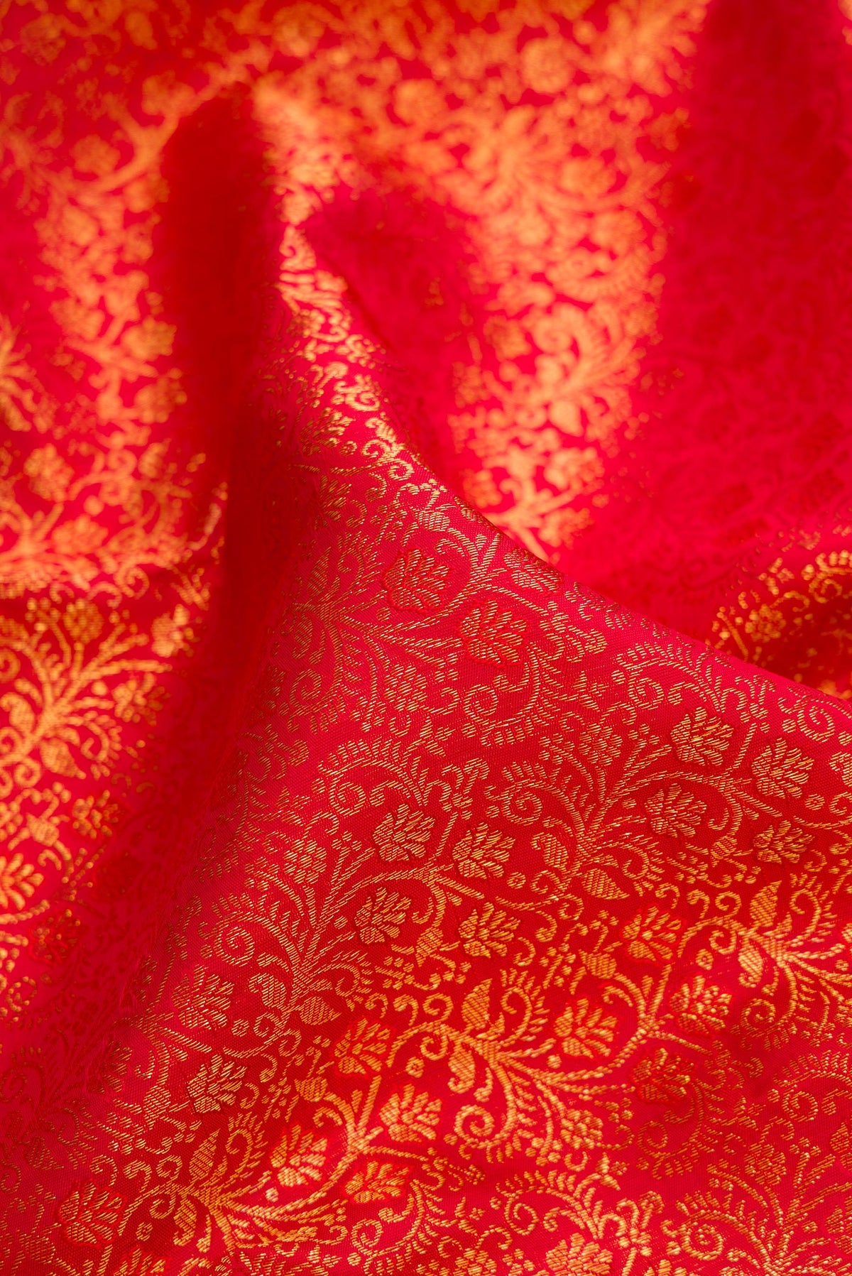 Close up of Pure Silk Red Dual Tone Kanchipuram Saree with Zari Brocade on the body and Fancy Border.  displaying folds