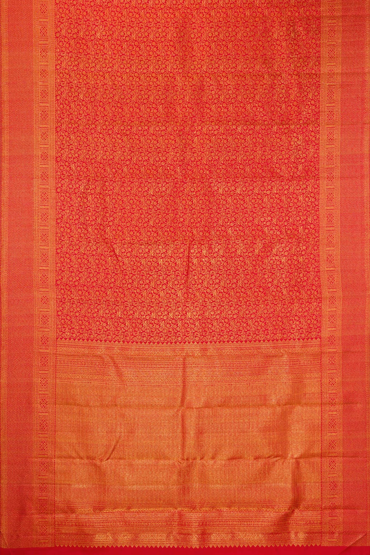 Flat view of Pure Silk Red Dual Tone Kanchipuram Saree with Zari Brocade on the body and Fancy Border. 