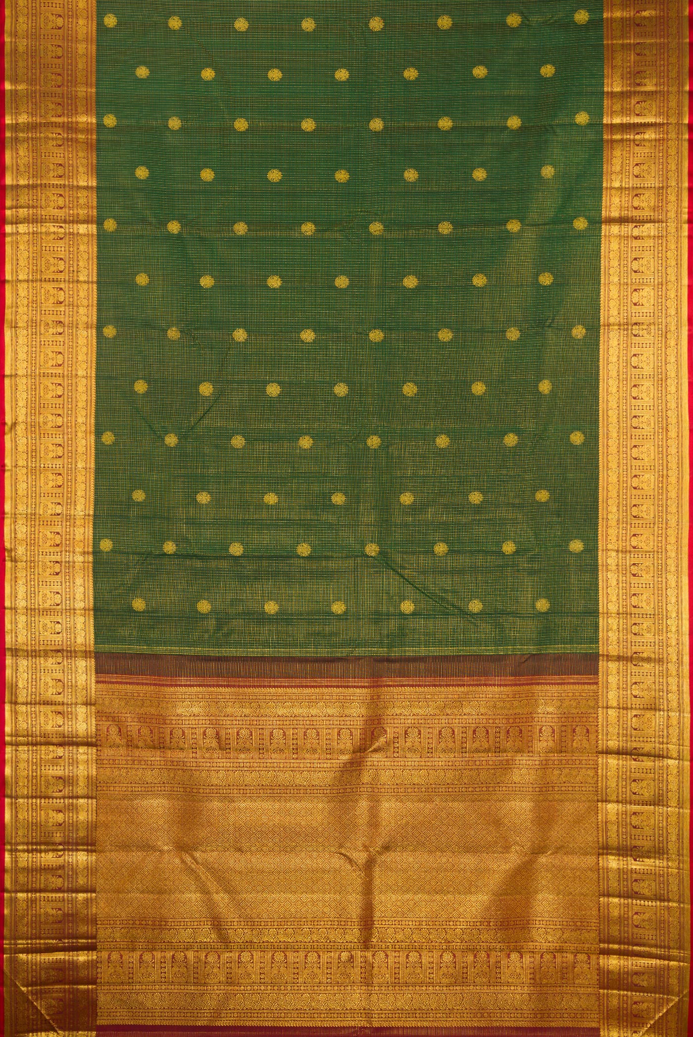 Flat view of Bottle Green Kanchipuram Silk Saree with Checked design on the body and Fancy Border. 