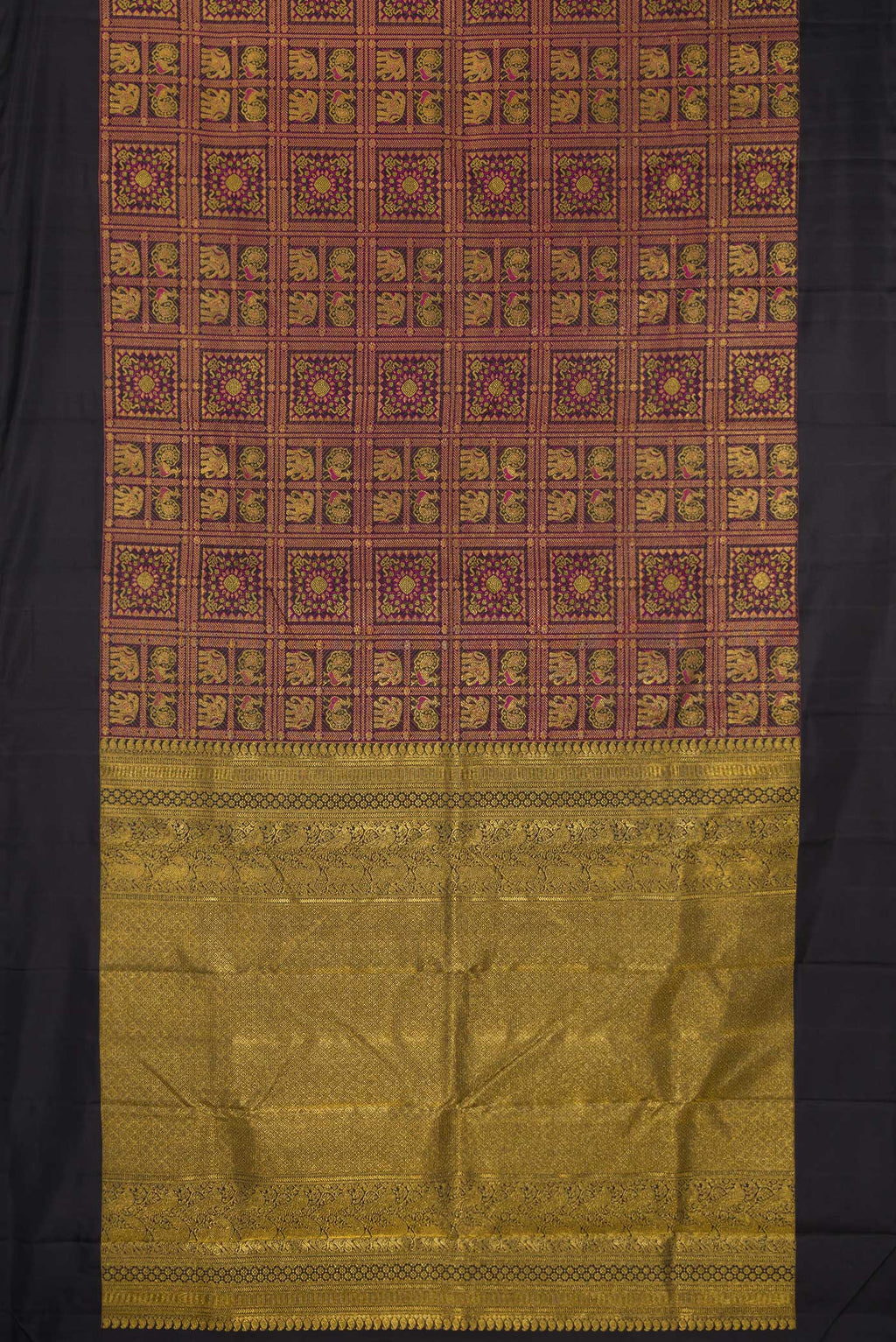 Flat view of Pure Silk Black Kanchipuram Saree with Zari Brocade on the body and Plain Border. 