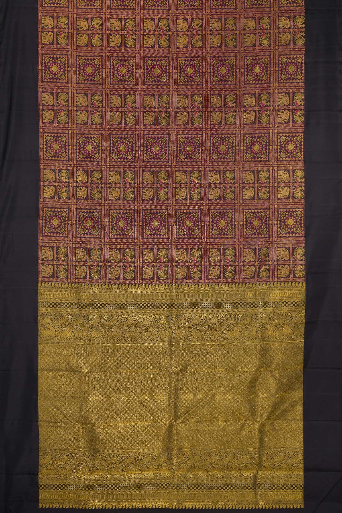 Flat view of Pure Silk Black Kanchipuram Saree with Zari Brocade on the body and Plain Border. 