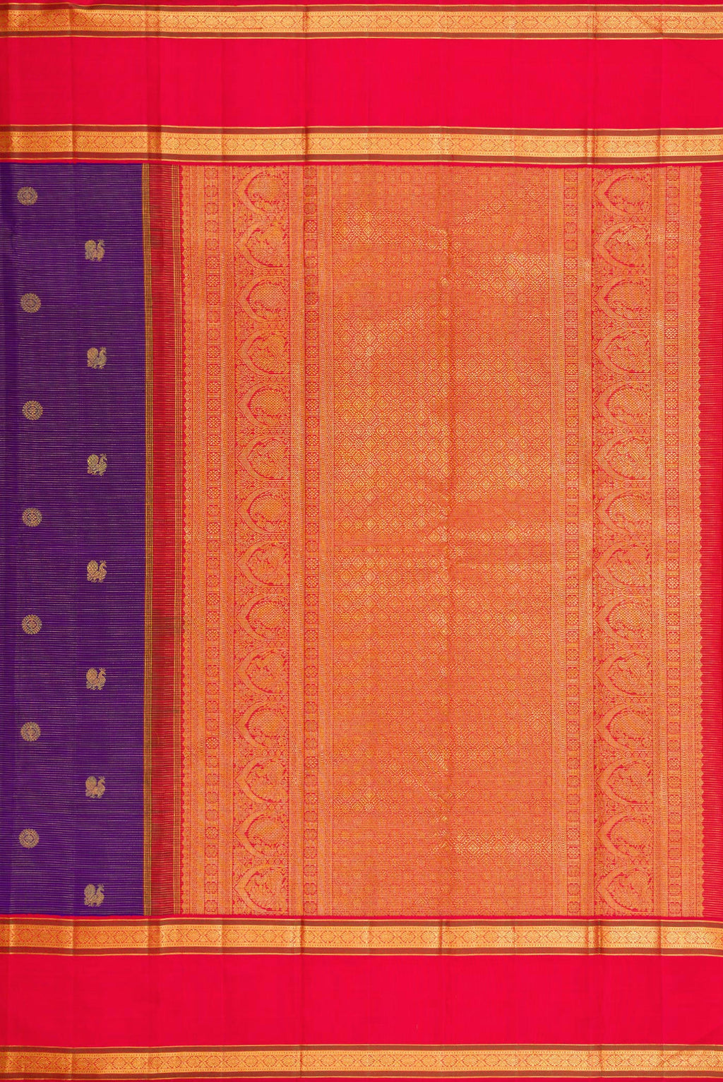 Close up image of the pallu of Navy Blue Dual Tone Kanchipuram Silk Saree with Stripes on the body and Fancy Border. 