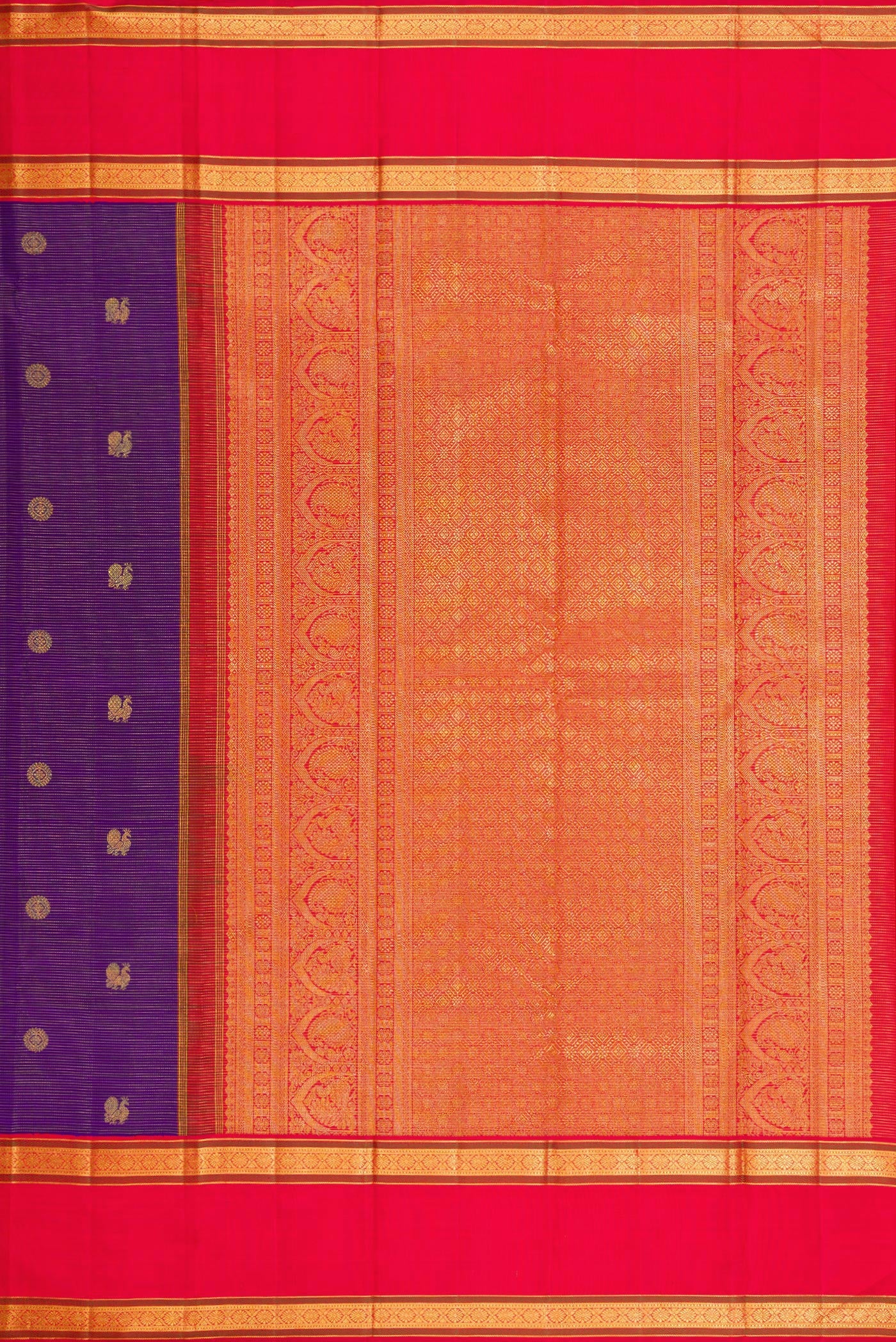 Close up image of the pallu of Navy Blue Dual Tone Kanchipuram Silk Saree with Stripes on the body and Fancy Border. 