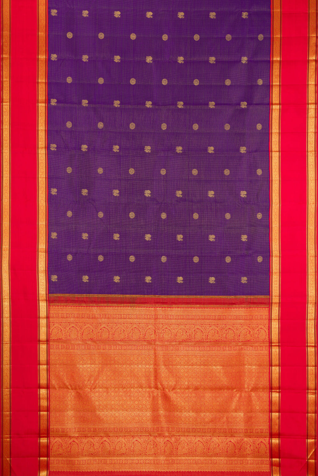 Flat view of Navy Blue Dual Tone Kanchipuram Silk Saree with Stripes on the body and Fancy Border. 