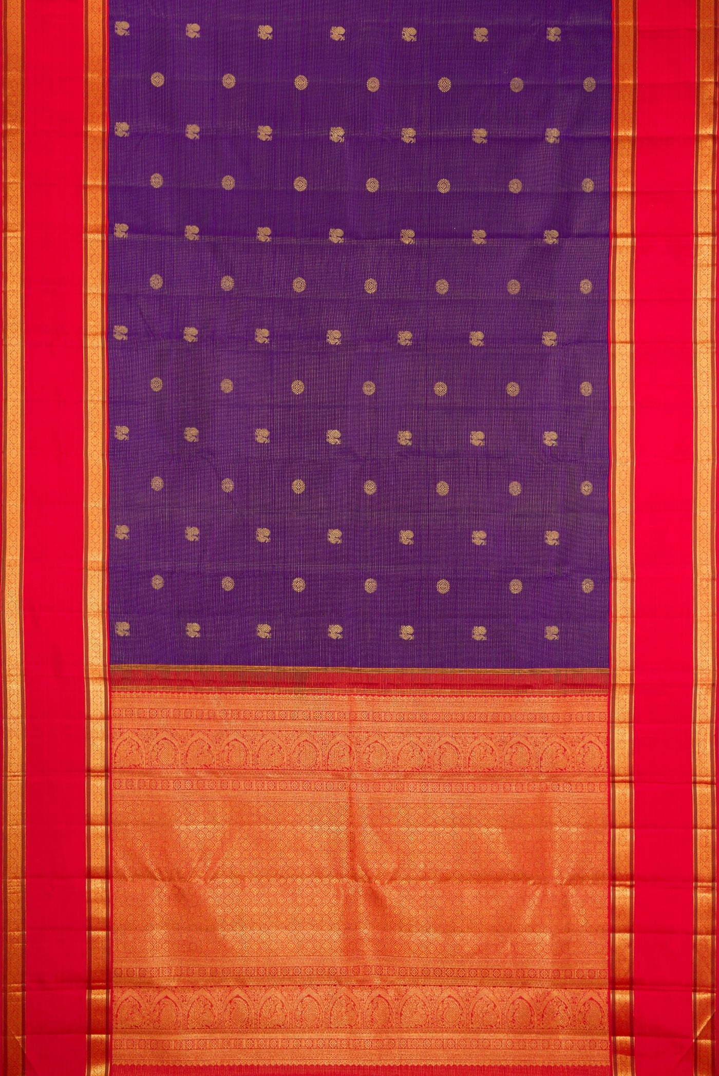 Flat view of Navy Blue Dual Tone Kanchipuram Silk Saree with Stripes on the body and Fancy Border. 